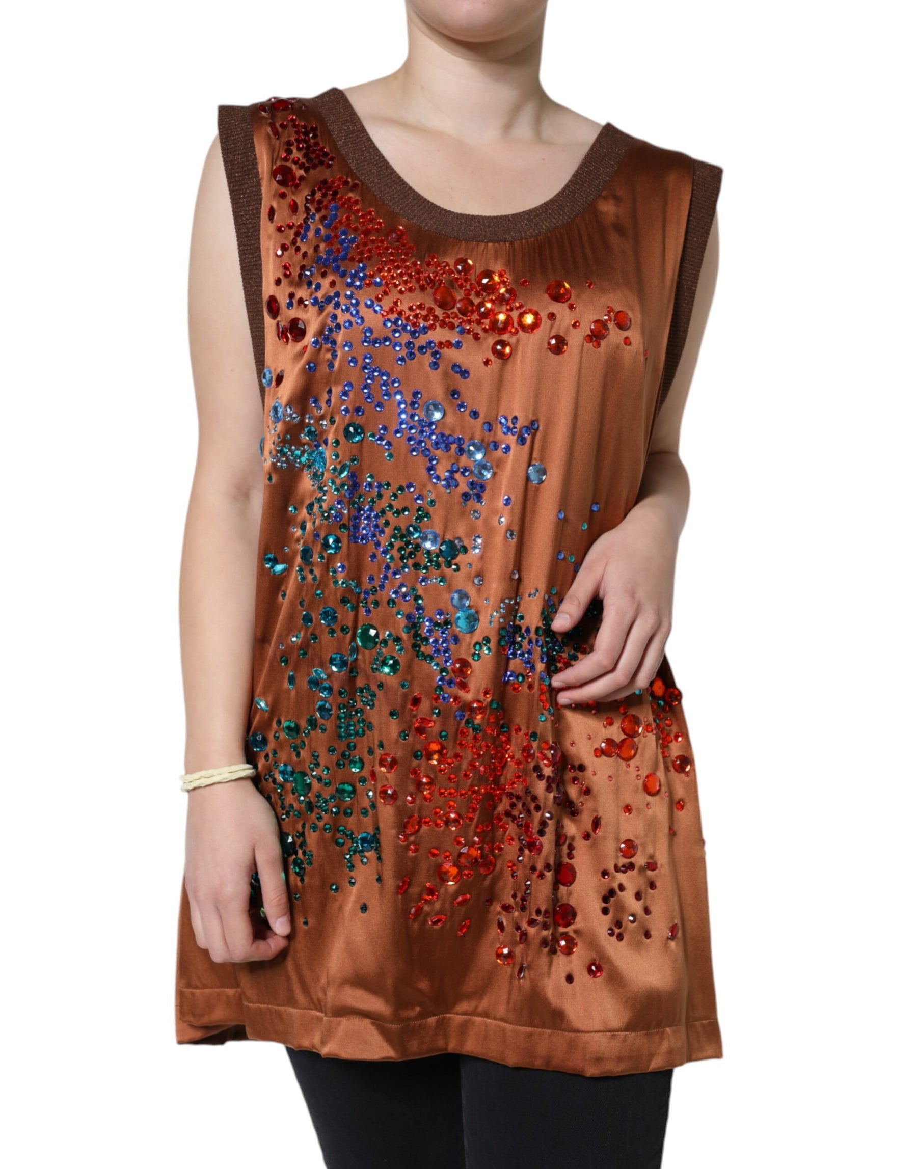 Dolce & Gabbana Brown Crystal Embellished Sleeveless Tank Top | Regal Royce