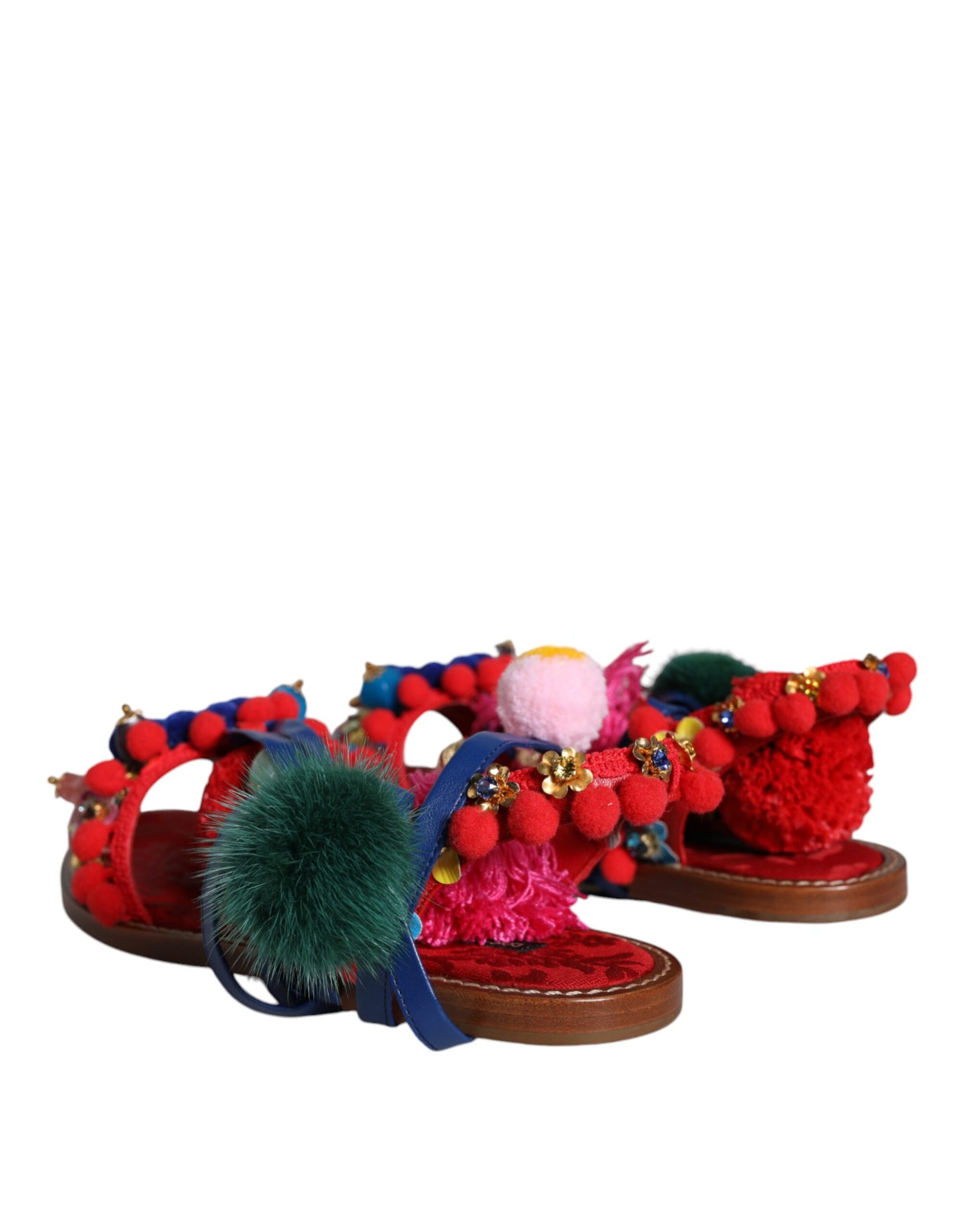 Dolce & Gabbana Multicolor Pom Pom Fur Wrap Sandals Shoes | Regal Royce