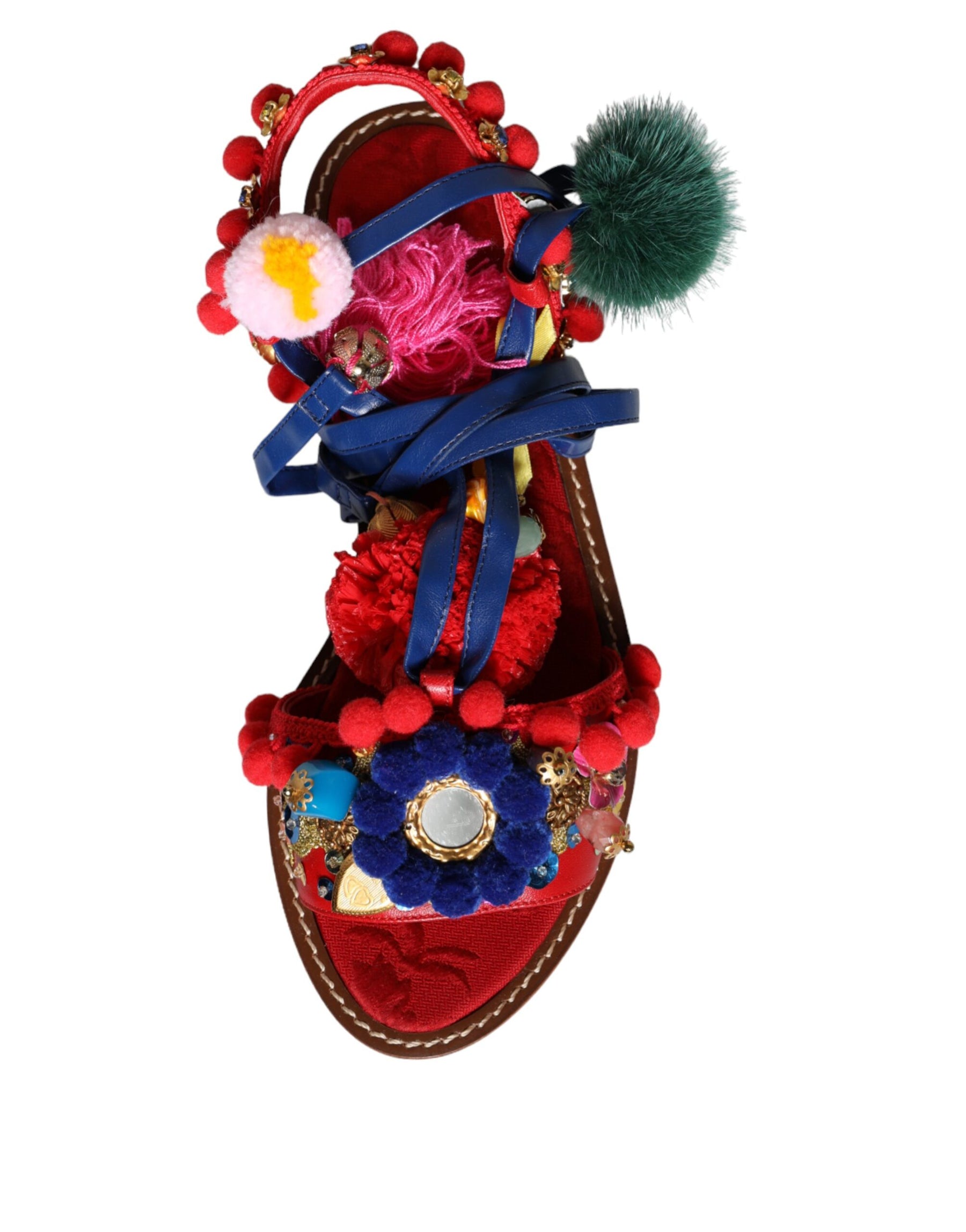 Dolce & Gabbana Multicolor Pom Pom Fur Wrap Sandals Shoes | Regal Royce