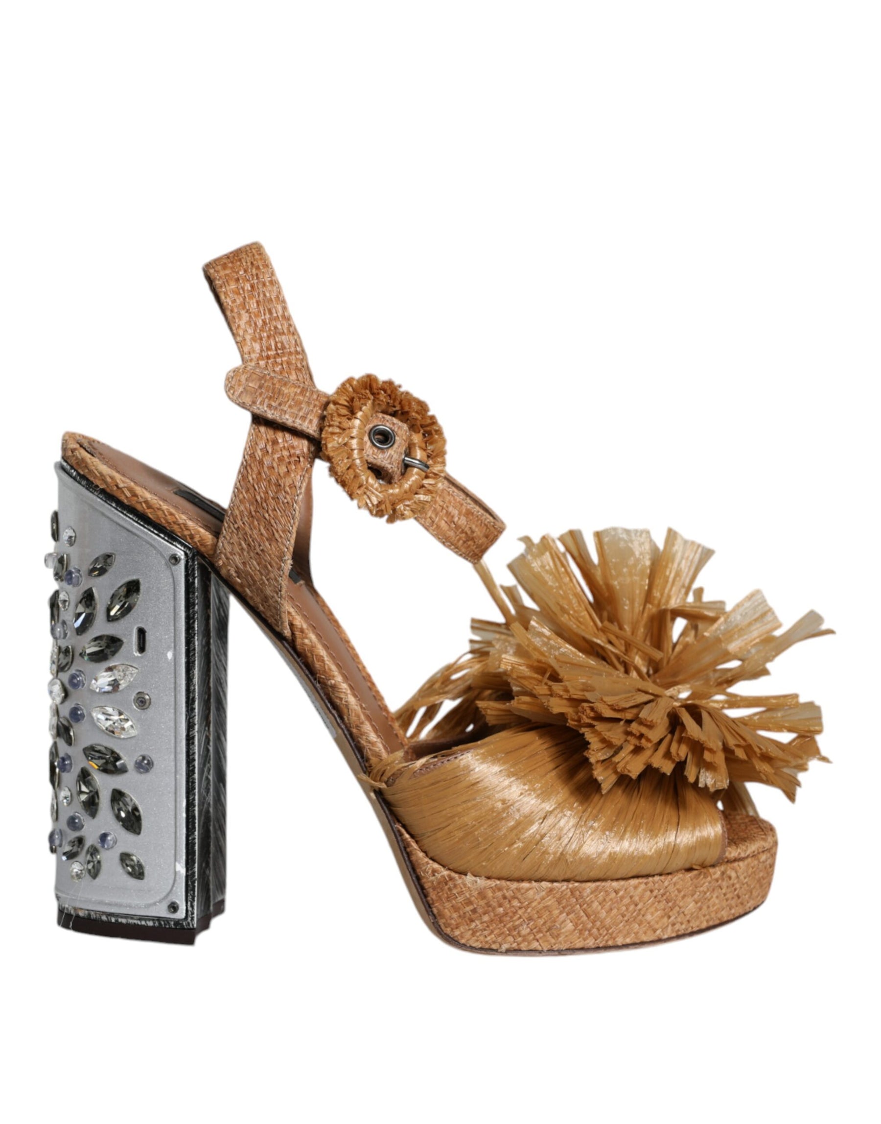 Dolce & Gabbana Brown Raffia Ankle Strap Crystal Sandals Shoes | Regal Royce