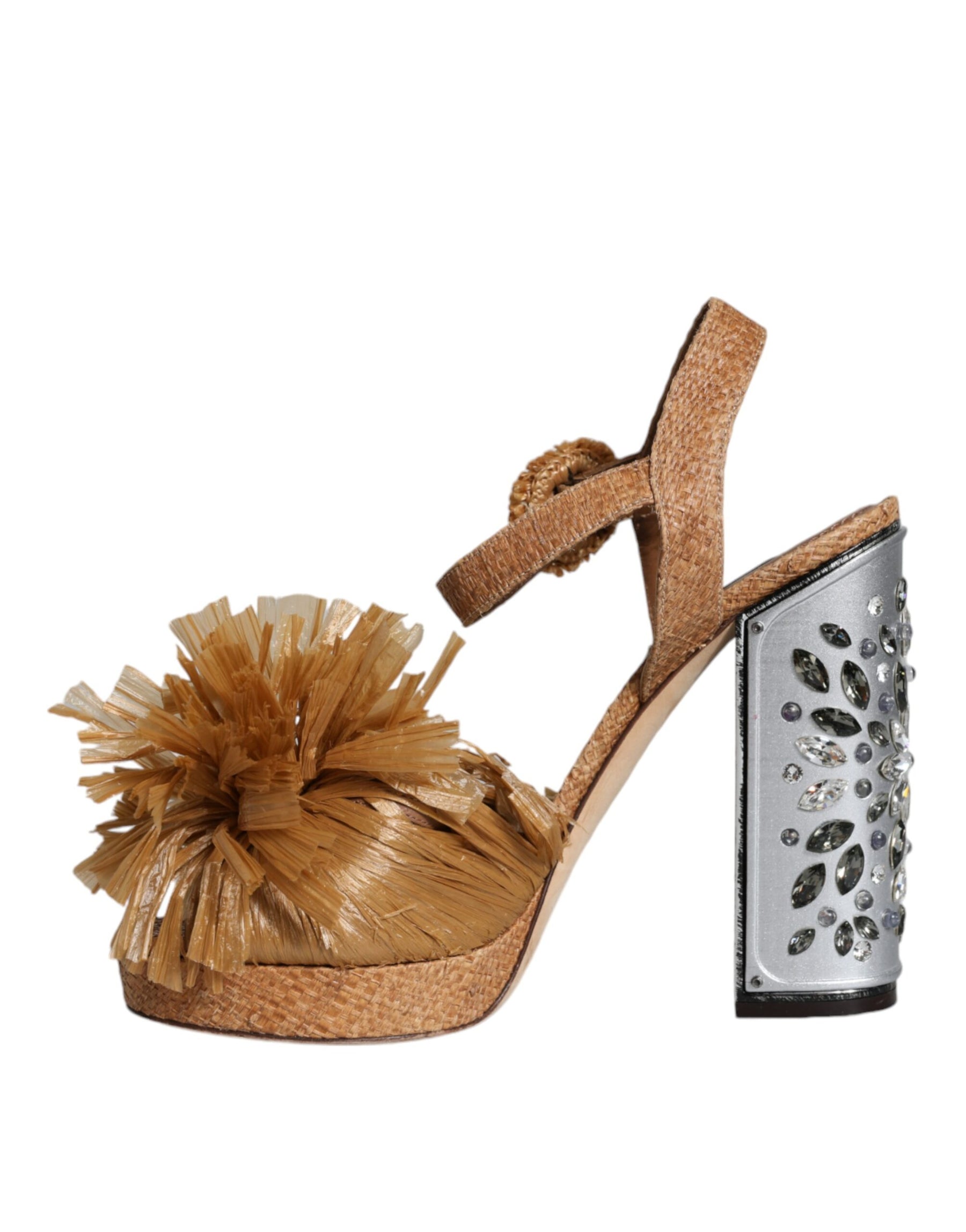 Dolce & Gabbana Brown Raffia Ankle Strap Crystal Sandals Shoes | Regal Royce