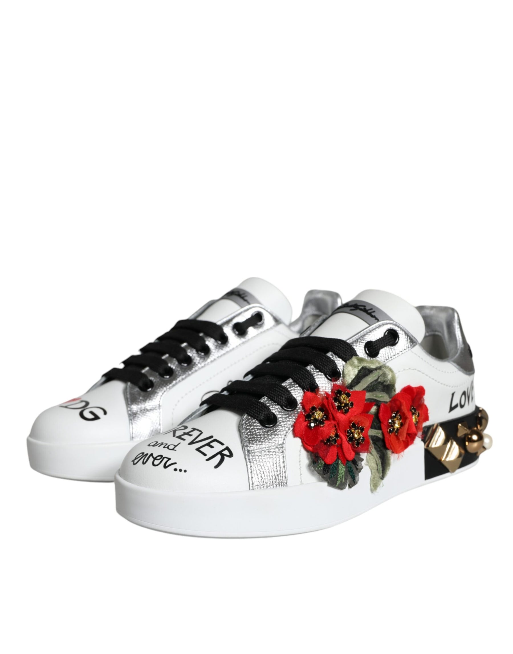 Dolce & Gabbana White Leather Floral Studded Sneakers Shoes | Regal Royce