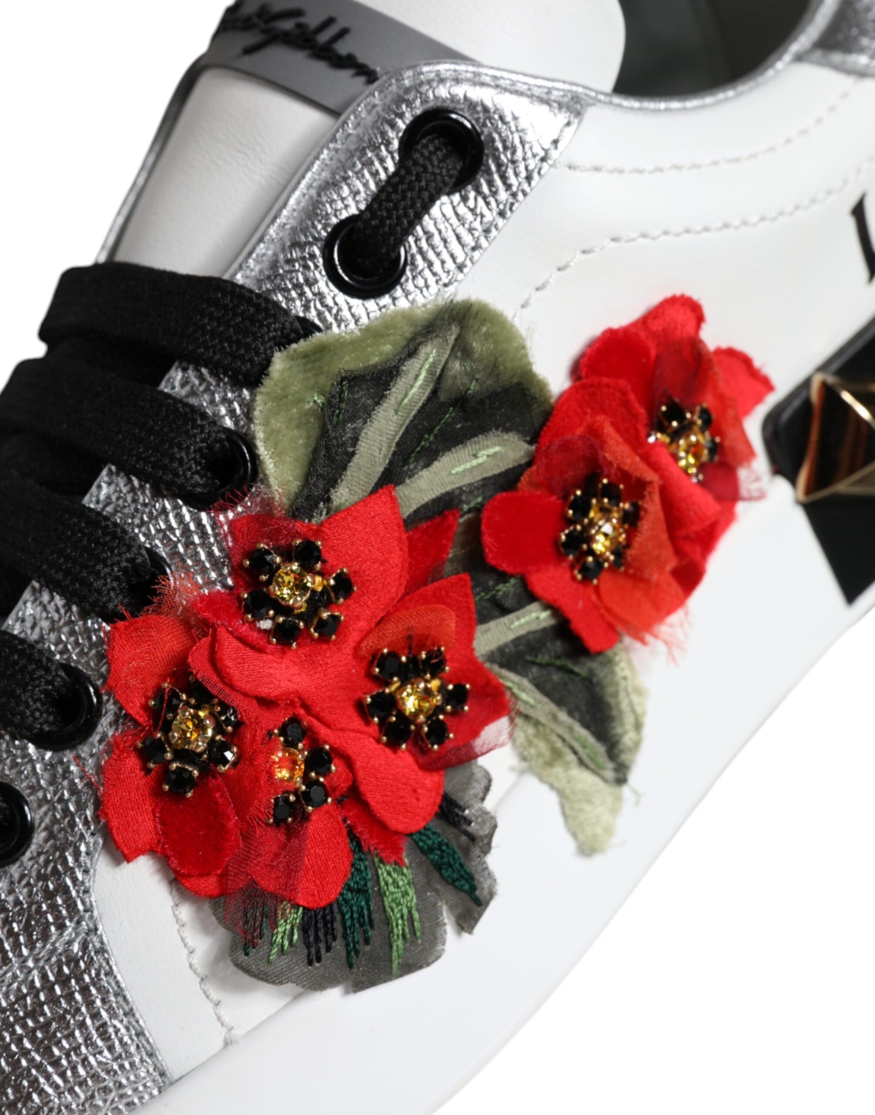 Dolce & Gabbana White Leather Floral Studded Sneakers Shoes | Regal Royce