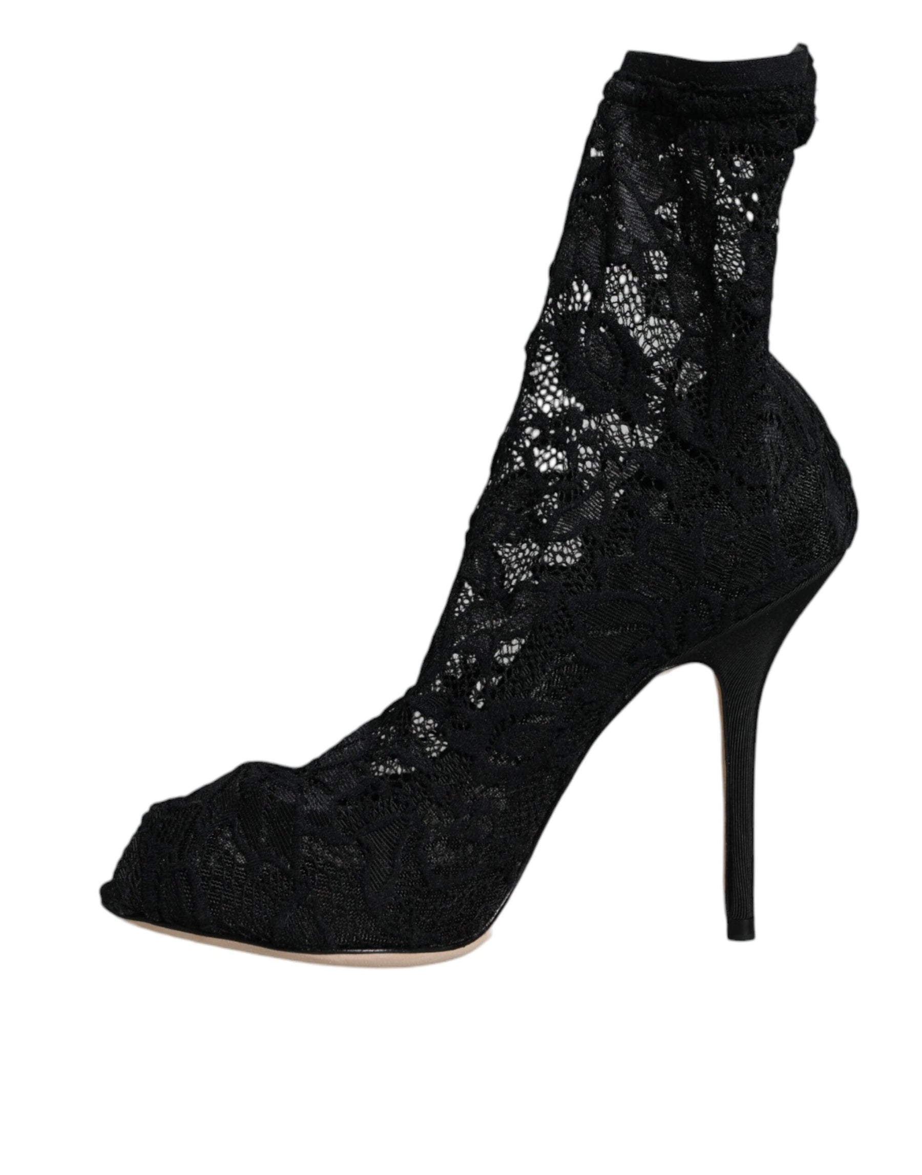 Dolce & Gabbana Black Lace Stretch Heels Mid Calf Boot Shoes | Regal Royce