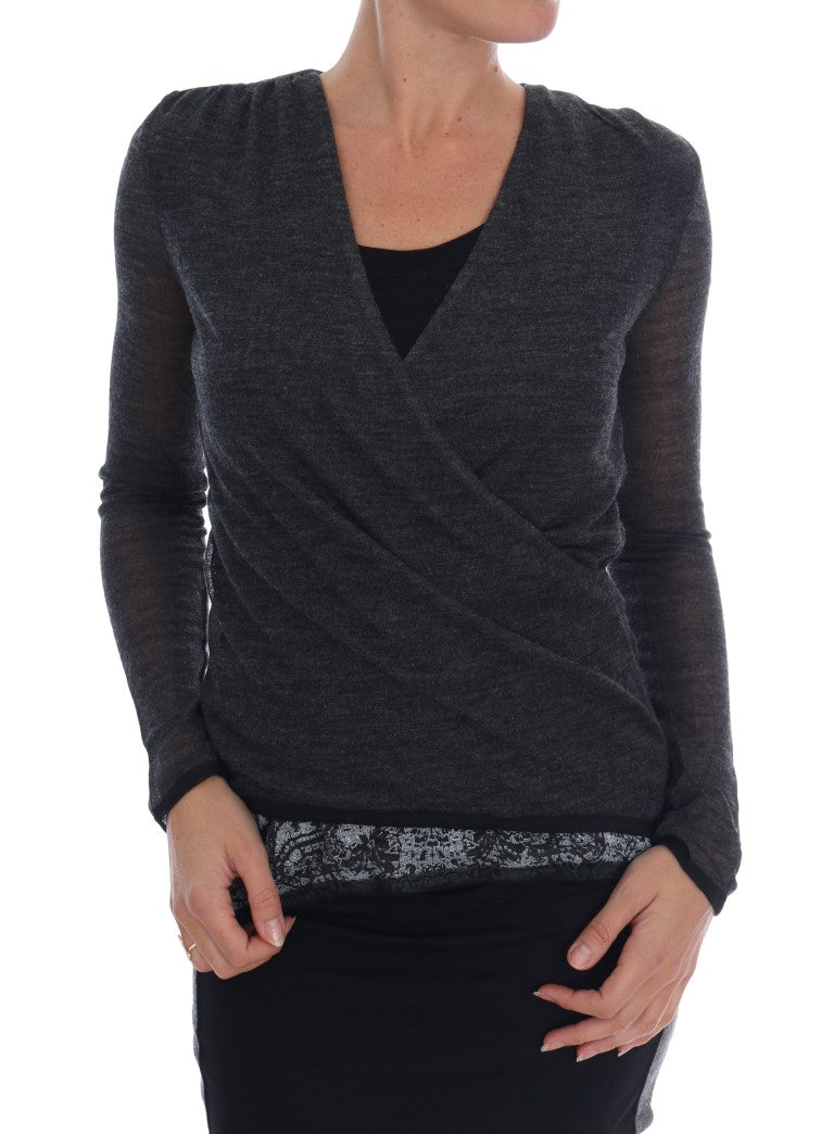 Ermanno Scervino Gray Wool Lace Top Long Sleeved T-shirt | Regal Royce