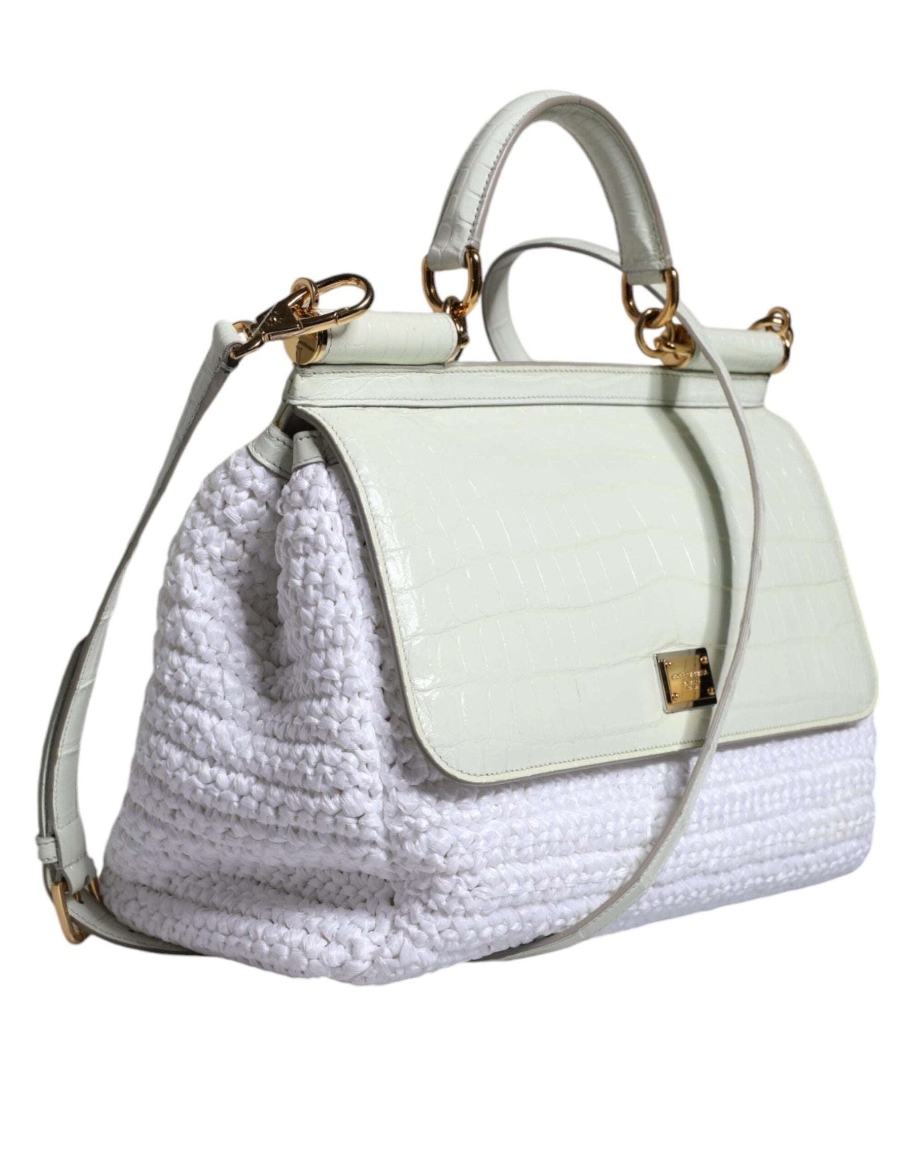 Dolce & Gabbana White Rafia Leather Top Handle Crossbody Bag | Regal Royce