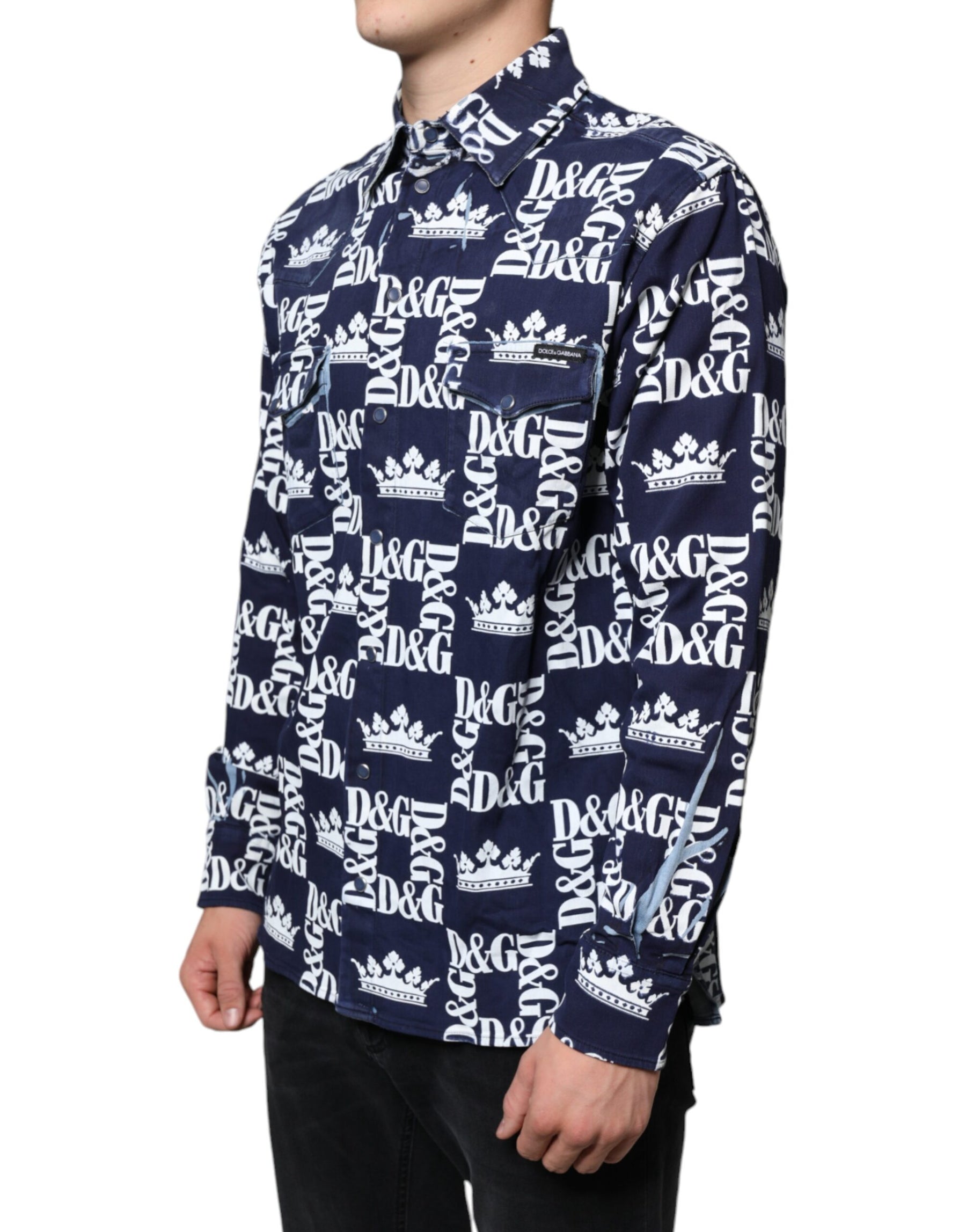 Dolce & Gabbana Blue Crown Logo Print Slim Fit Cotton Shirt | Regal Royce