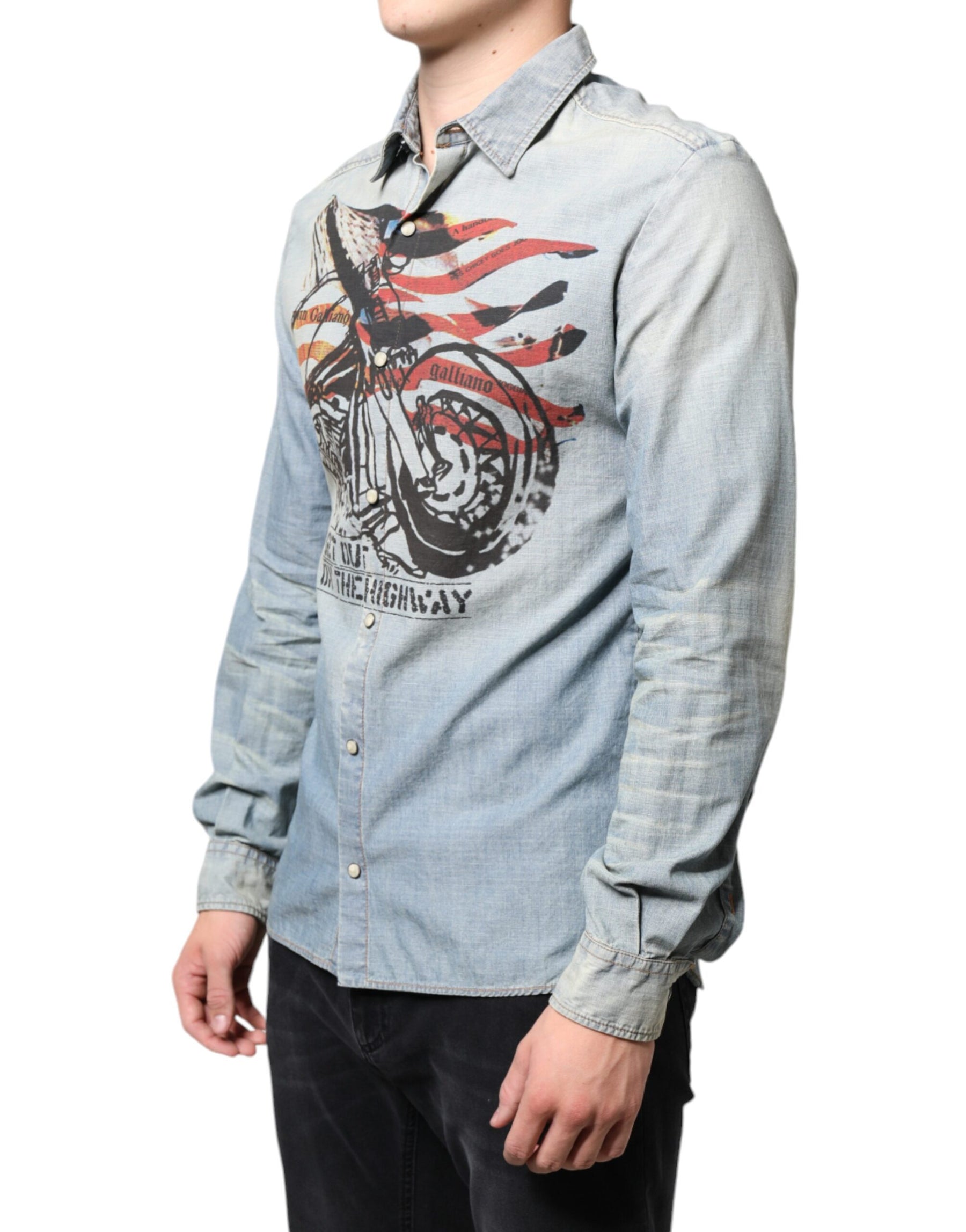 John Galliano Light Blue Printed Cotton Denim Long Sleeves Shirt | Regal Royce