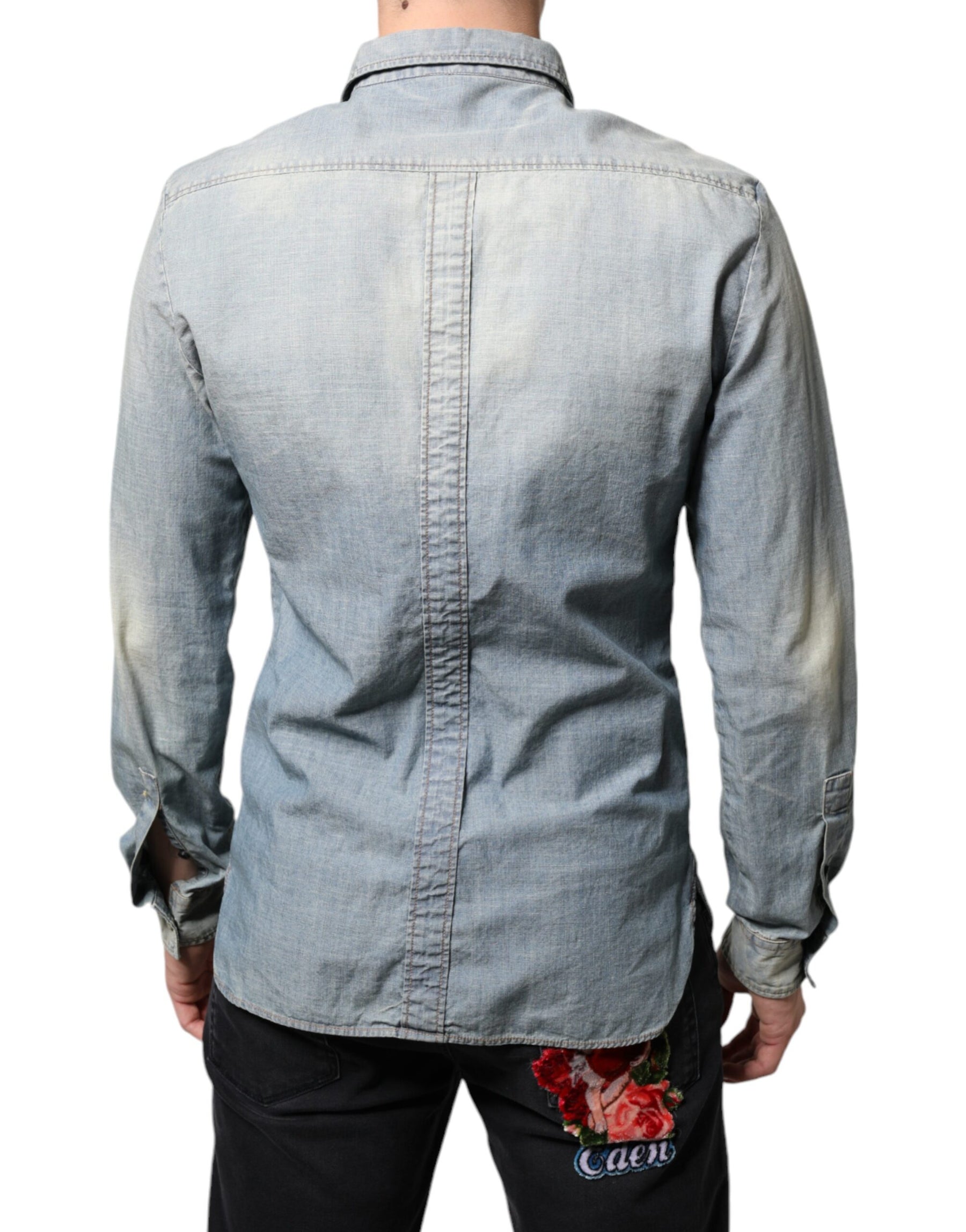 John Galliano Light Blue Printed Cotton Denim Long Sleeves Shirt | Regal Royce