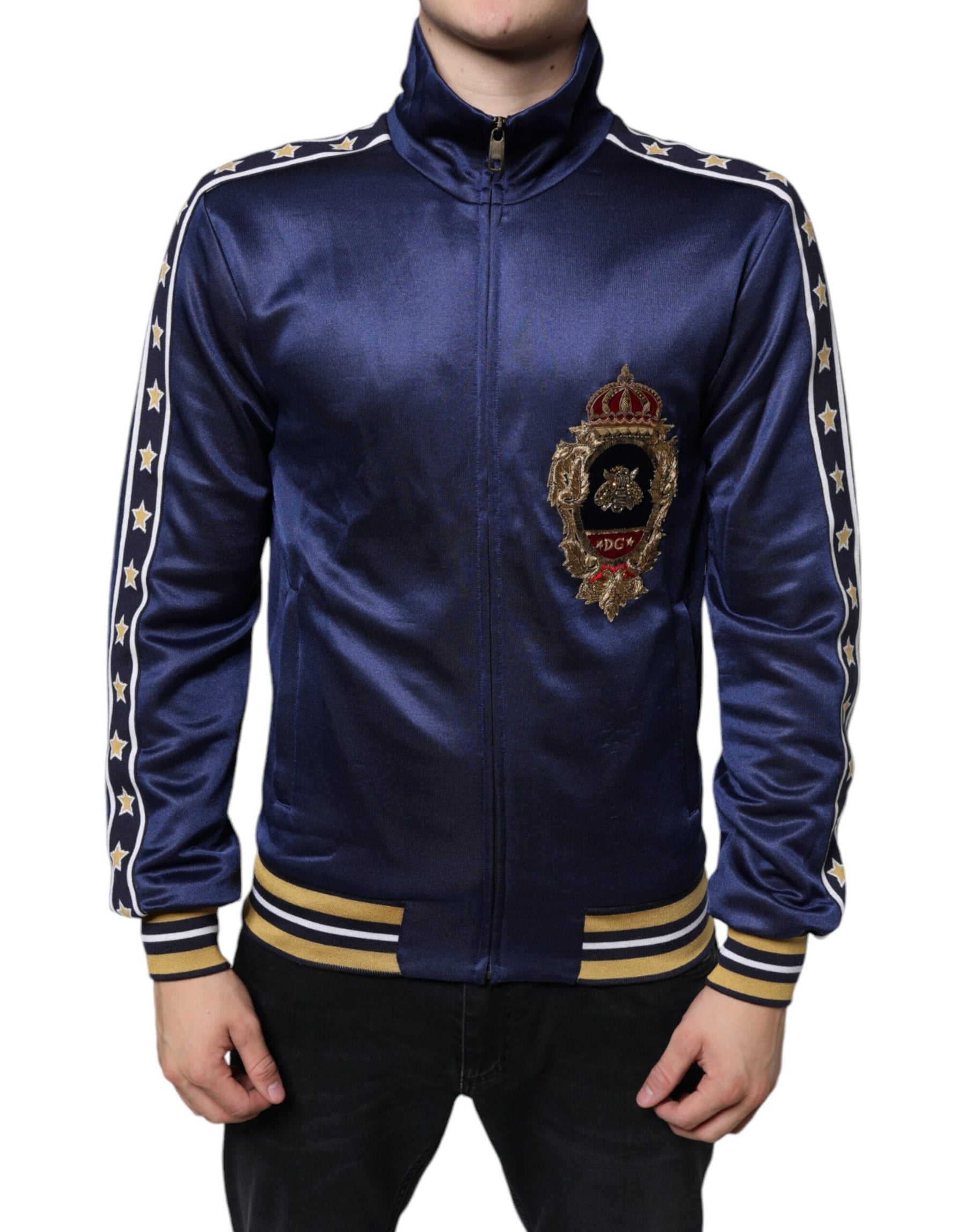 Dolce & Gabbana Blue Heraldic Patch Stripe King Bee Sweater | Regal Royce