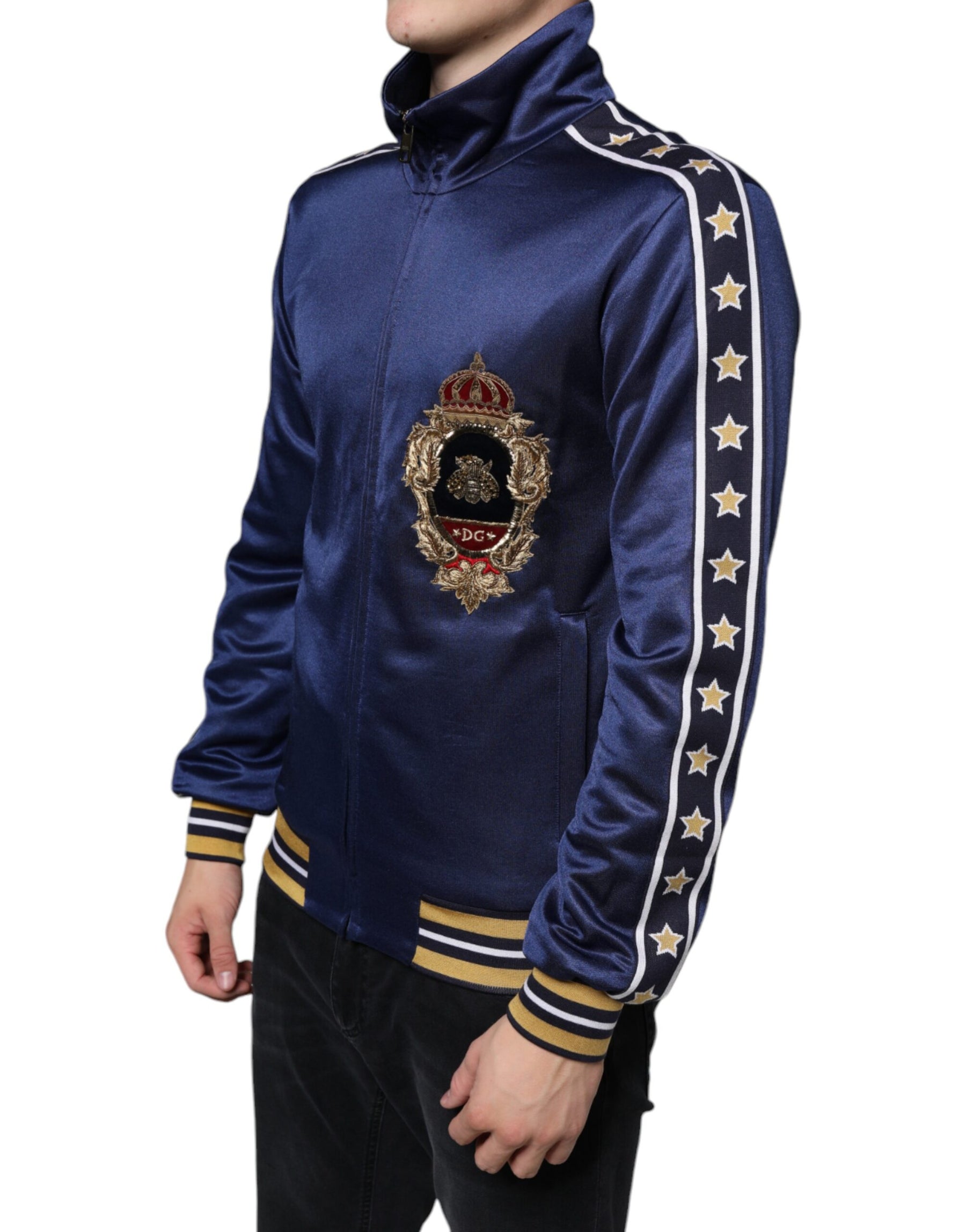 Dolce & Gabbana Blue Heraldic Patch Stripe King Bee Sweater | Regal Royce