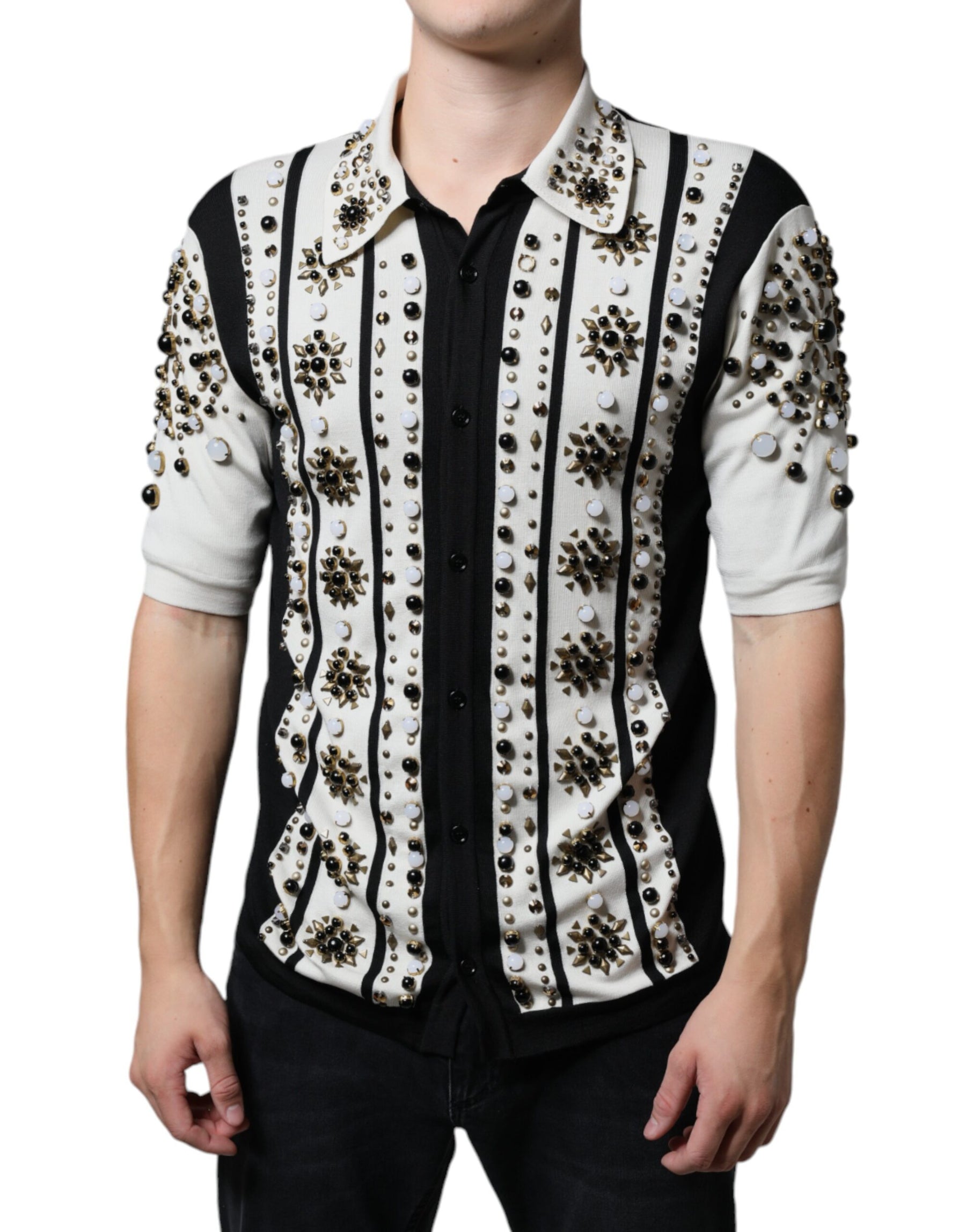 Dolce & Gabbana White Black Silk Studded Stone Crystal Shirt | Regal Royce