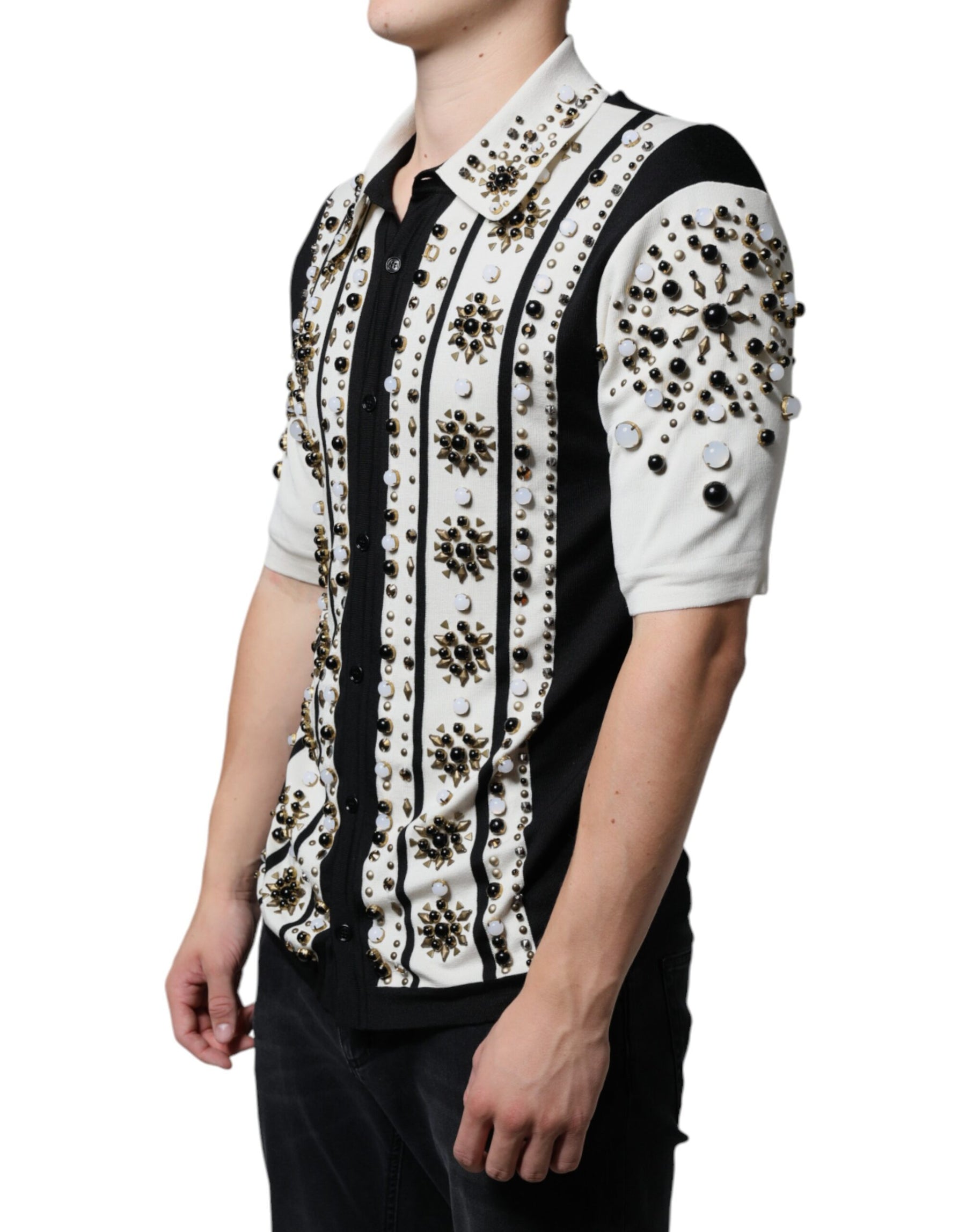 Dolce & Gabbana White Black Silk Studded Stone Crystal Shirt | Regal Royce