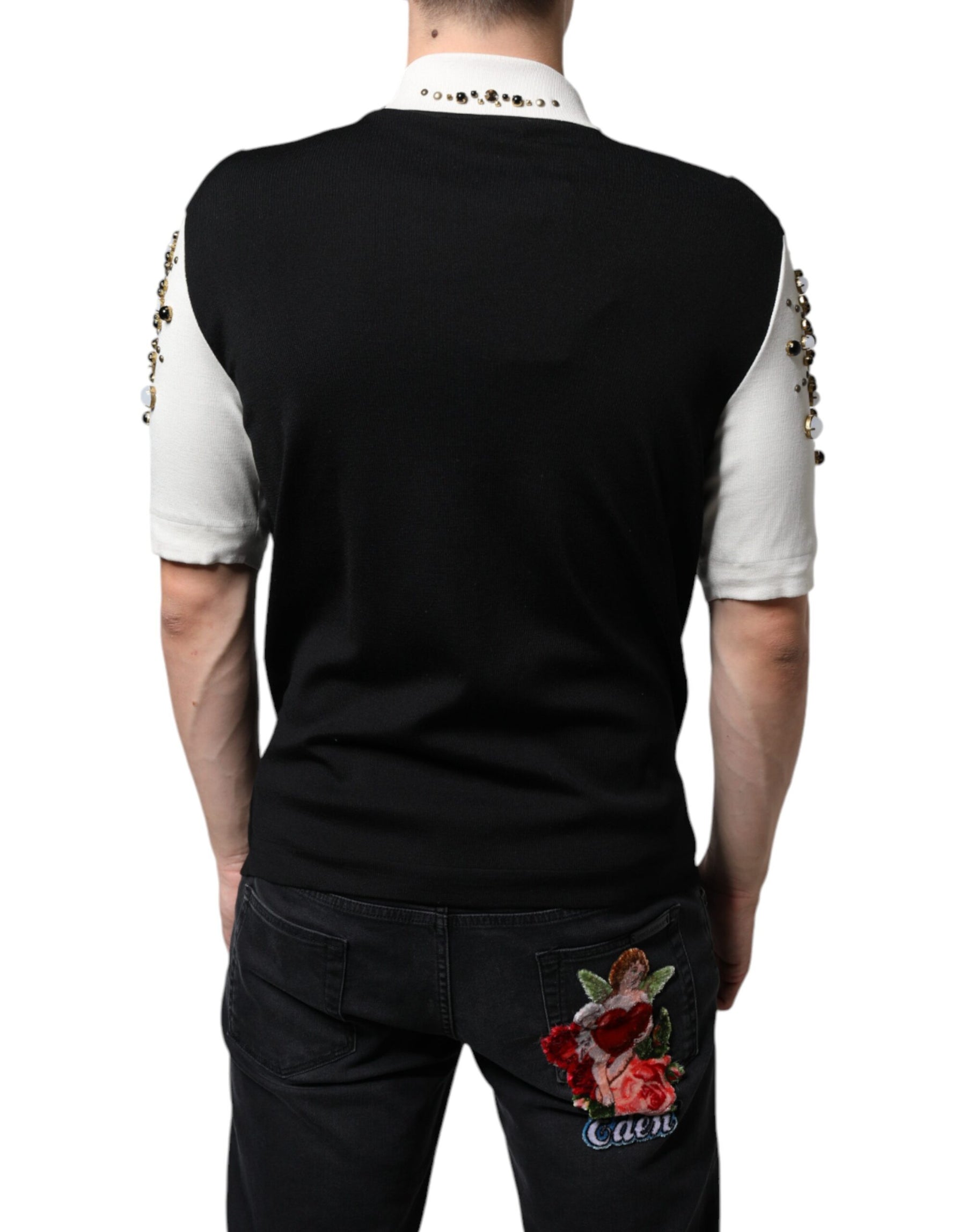 Dolce & Gabbana White Black Silk Studded Stone Crystal Shirt | Regal Royce