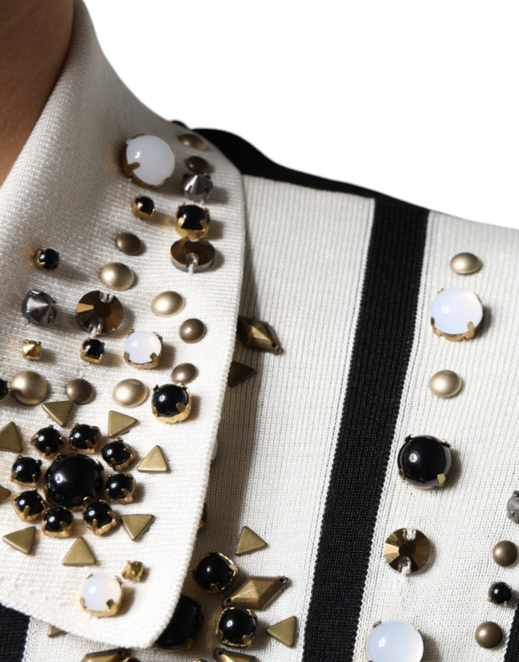 Dolce & Gabbana White Black Silk Studded Stone Crystal Shirt | Regal Royce