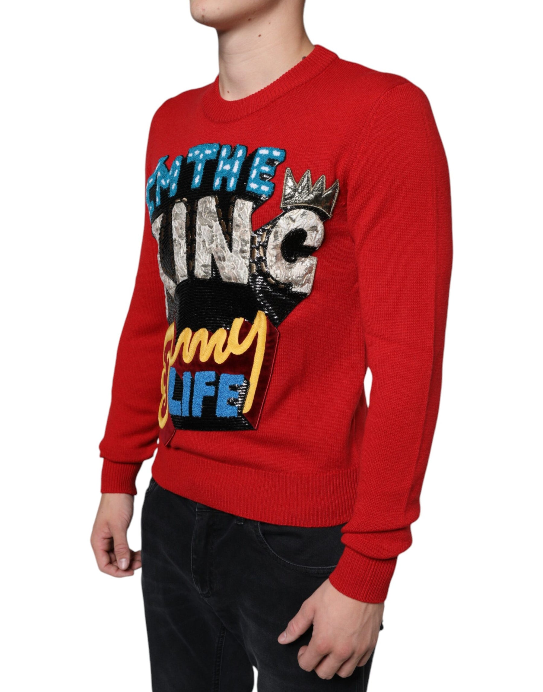 Dolce & Gabbana Red I'm The King Wool Crew Neck Sweatshirt Sweater | Regal Royce