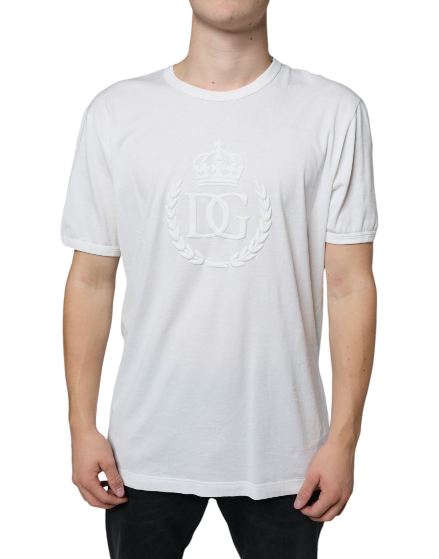 Dolce & Gabbana White Logo Embossed Cotton Crewneck T-shirt | Regal Royce