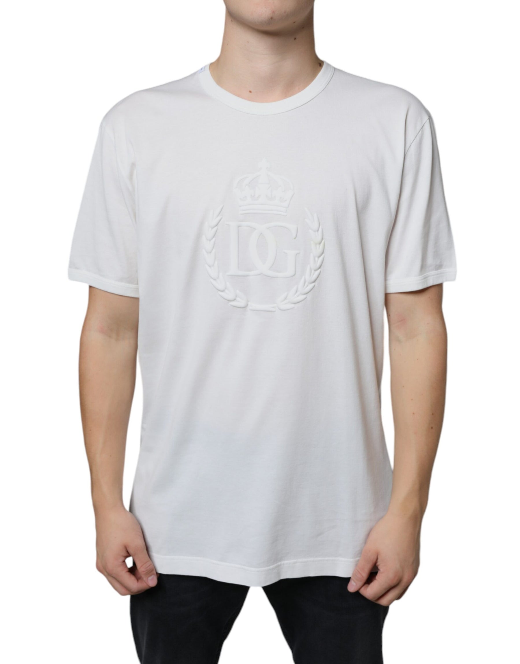 Dolce & Gabbana White Logo Embossed Cotton Crewneck T-shirt | Regal Royce