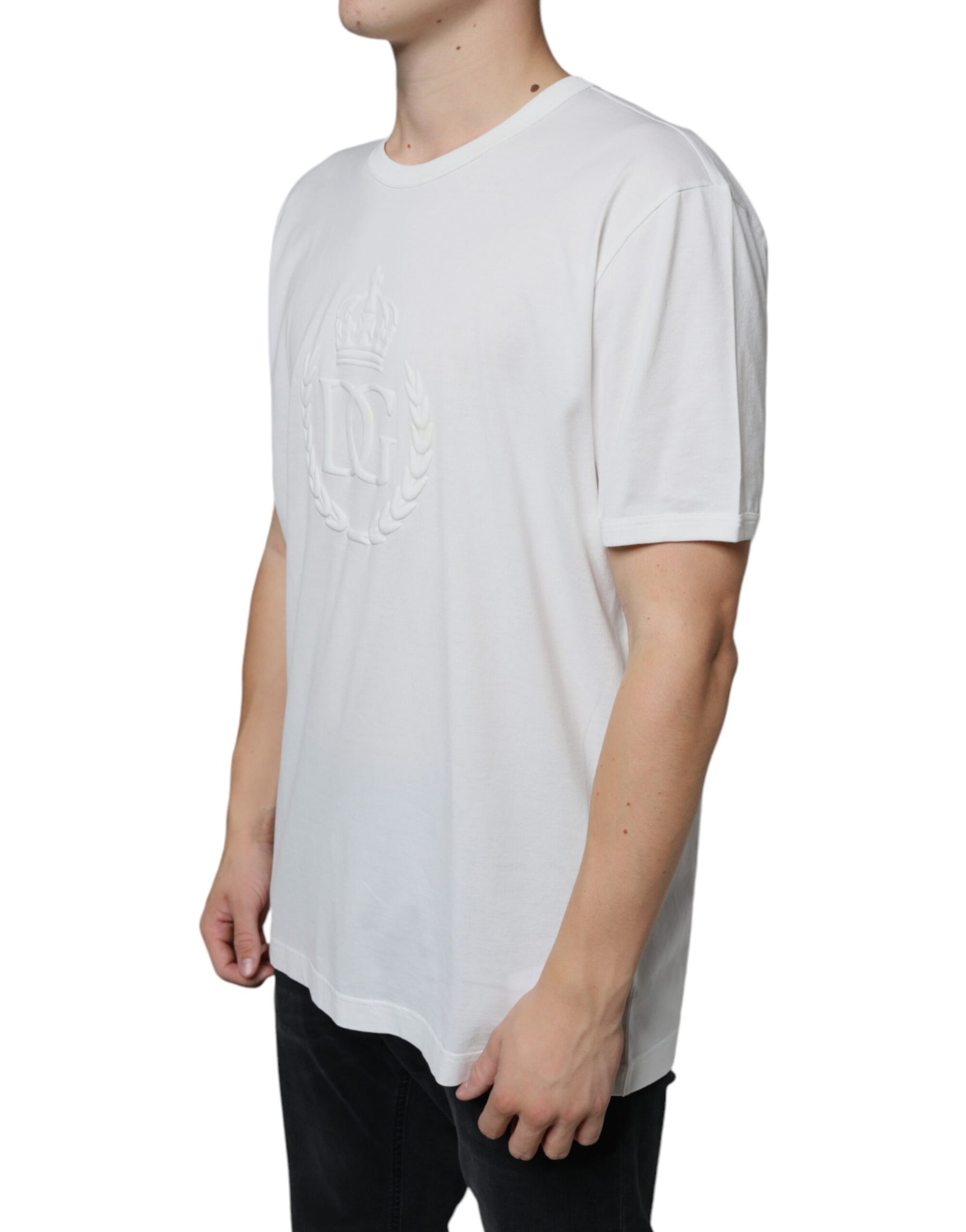 Dolce & Gabbana White Logo Embossed Cotton Crewneck T-shirt | Regal Royce