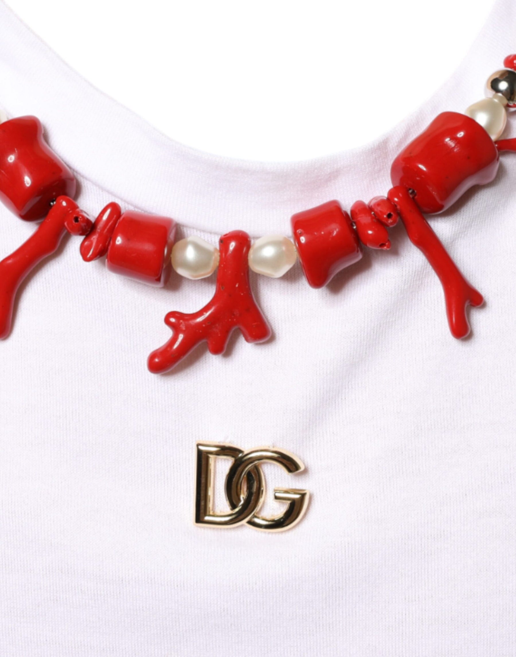 Dolce & Gabbana White Cotton Necklace Embellished T-shirt | Regal Royce