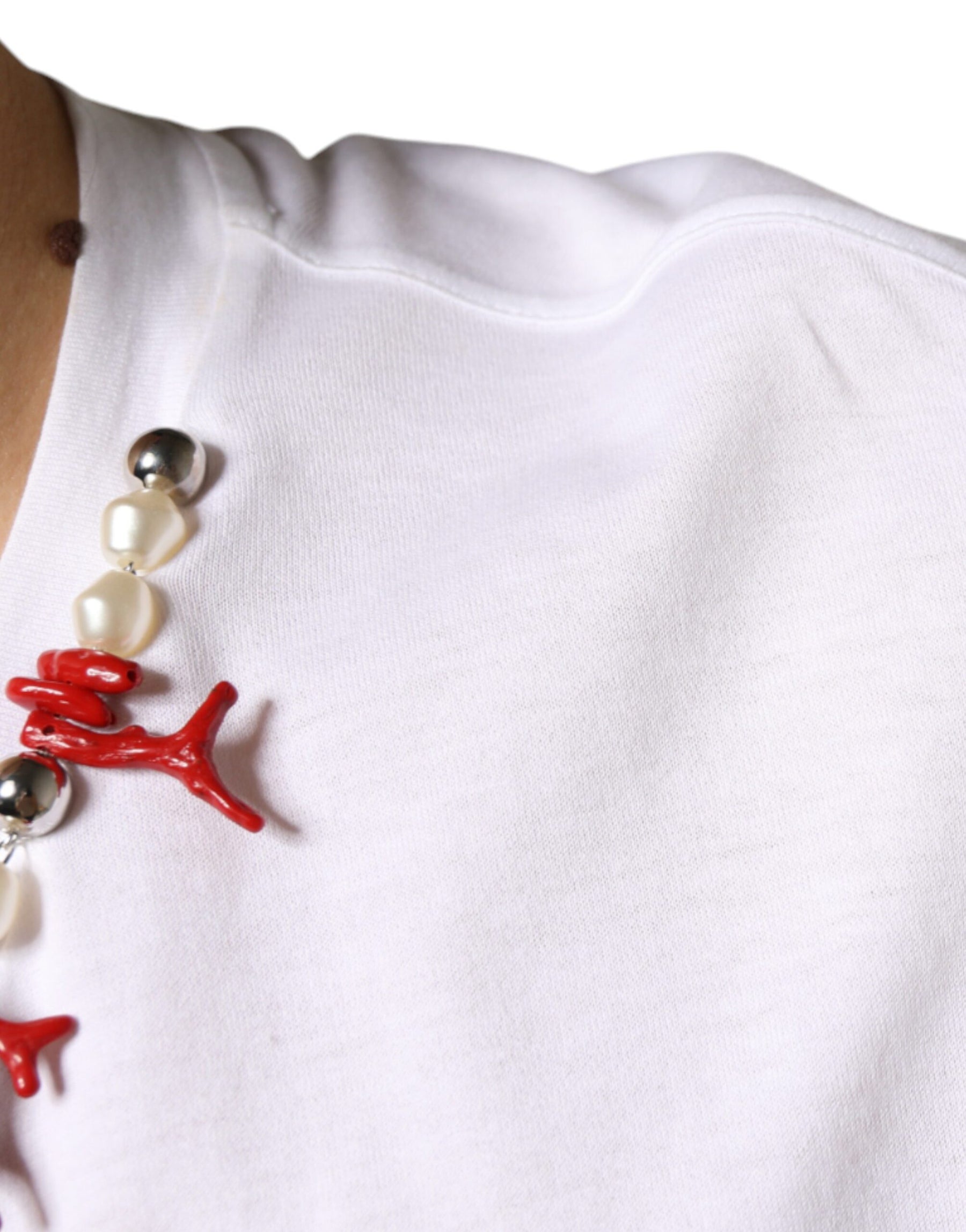 Dolce & Gabbana White Cotton Necklace Embellished T-shirt | Regal Royce