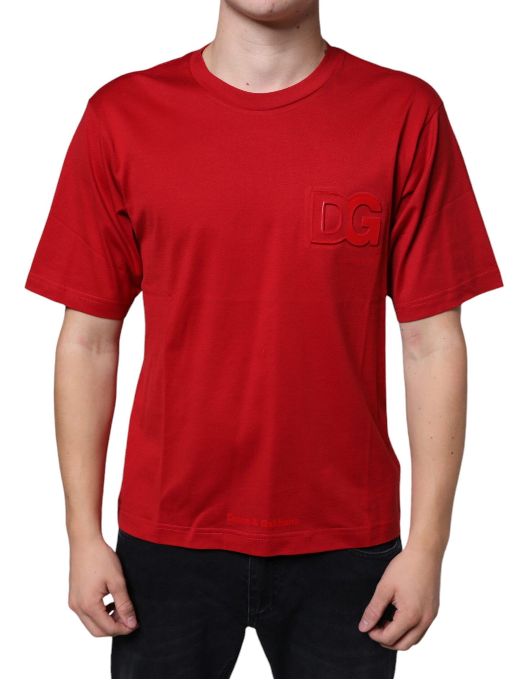 Dolce & Gabbana Red Cotton DG Logo Print Crew Neck T-shirt | Regal Royce