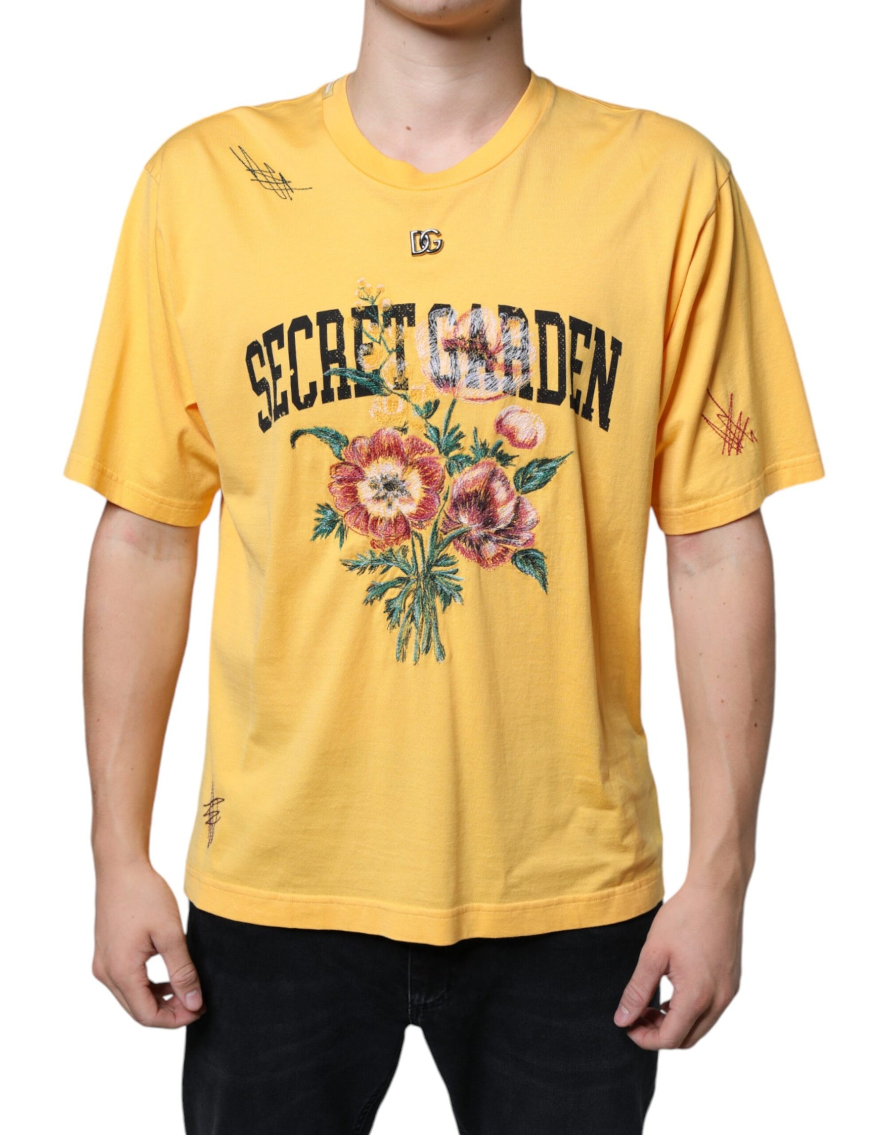 Dolce & Gabbana Yellow Secret Graden Floral Cotton Crew Neck T-shirt | Regal Royce