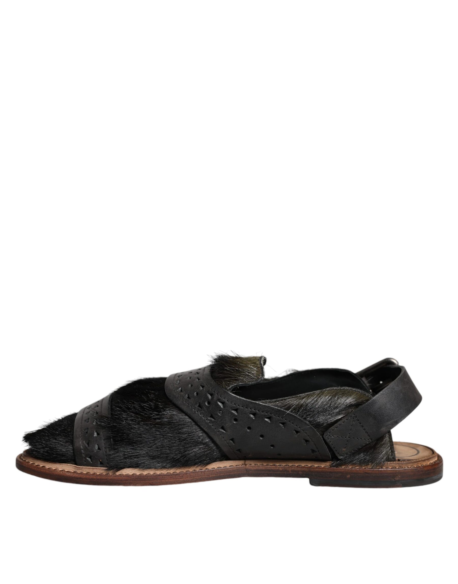 Dolce & Gabbana Black Gazelle Hair Leather Flats Sandals Shoes | Regal Royce