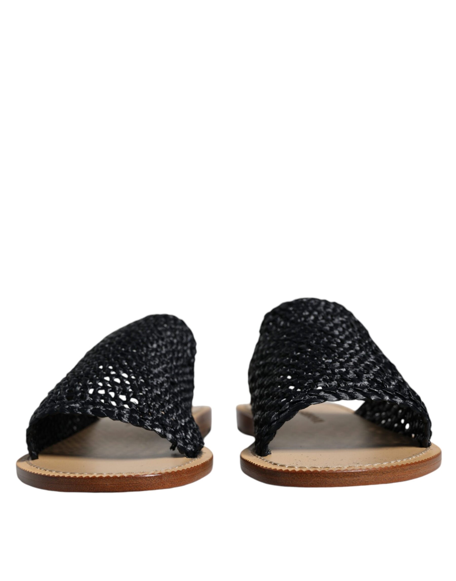 Dolce & Gabbana Black Monochrome Braided Raffia Slides Shoes | Regal Royce