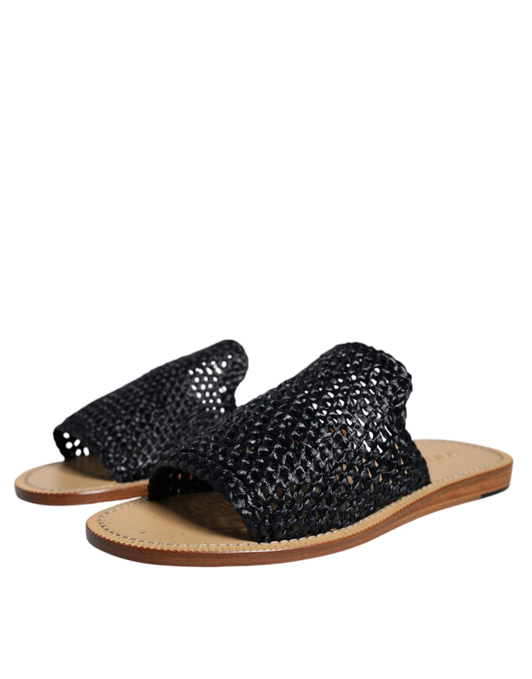 Dolce & Gabbana Black Monochrome Braided Raffia Slides Shoes | Regal Royce