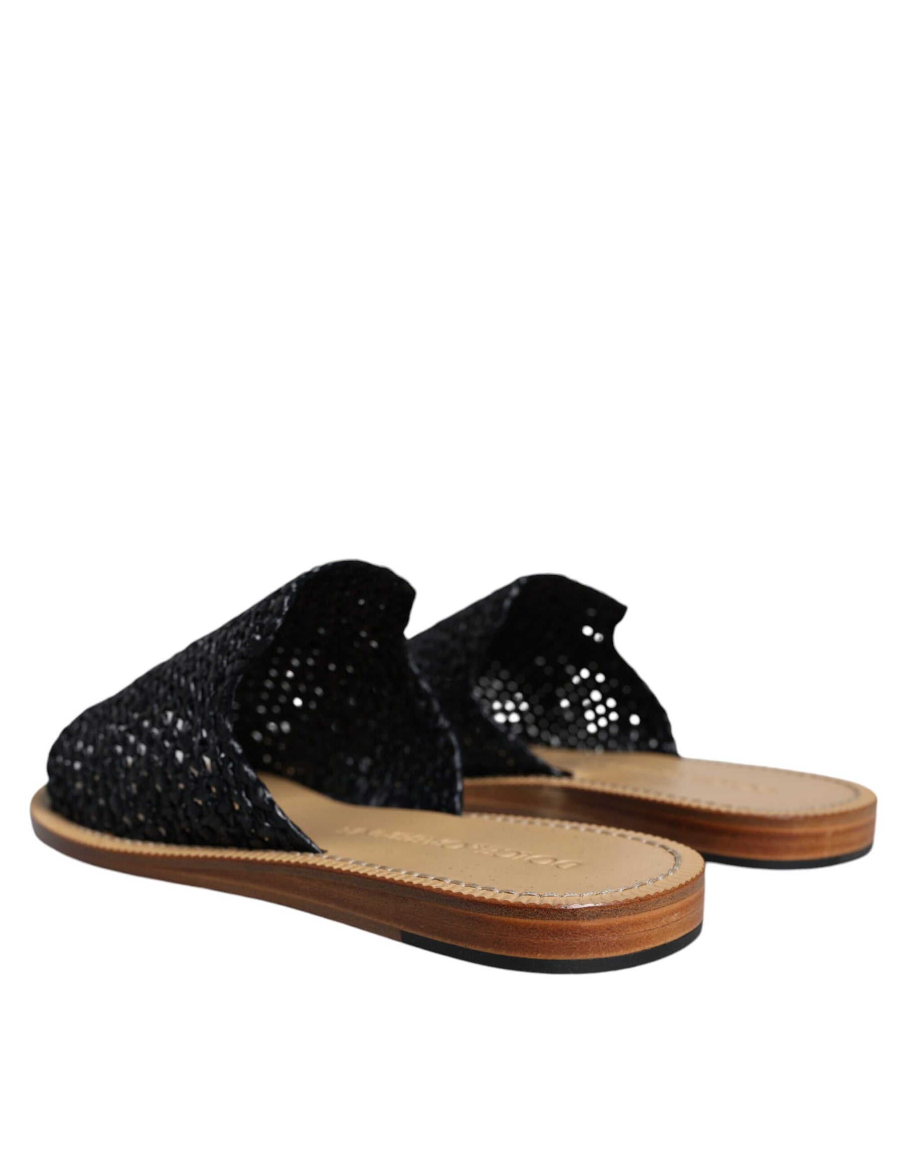 Dolce & Gabbana Black Monochrome Braided Raffia Slides Shoes | Regal Royce