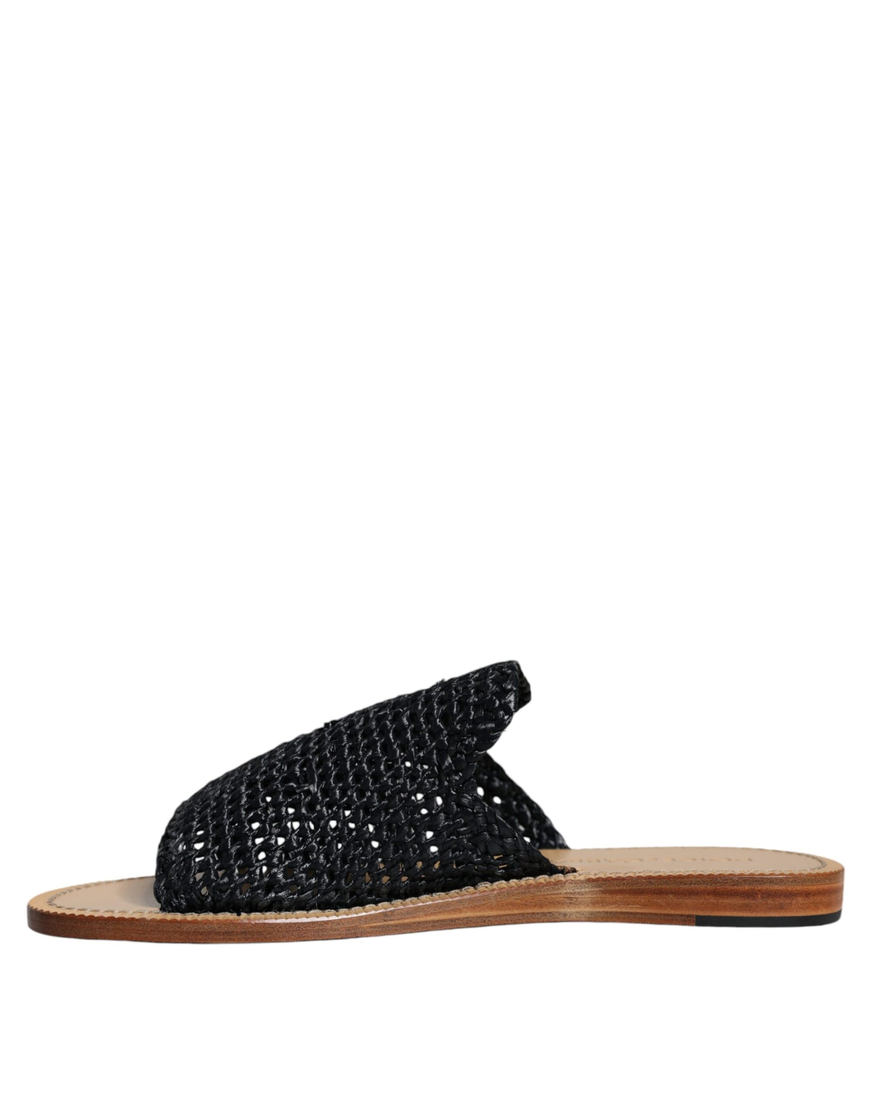 Dolce & Gabbana Black Monochrome Braided Raffia Slides Shoes | Regal Royce