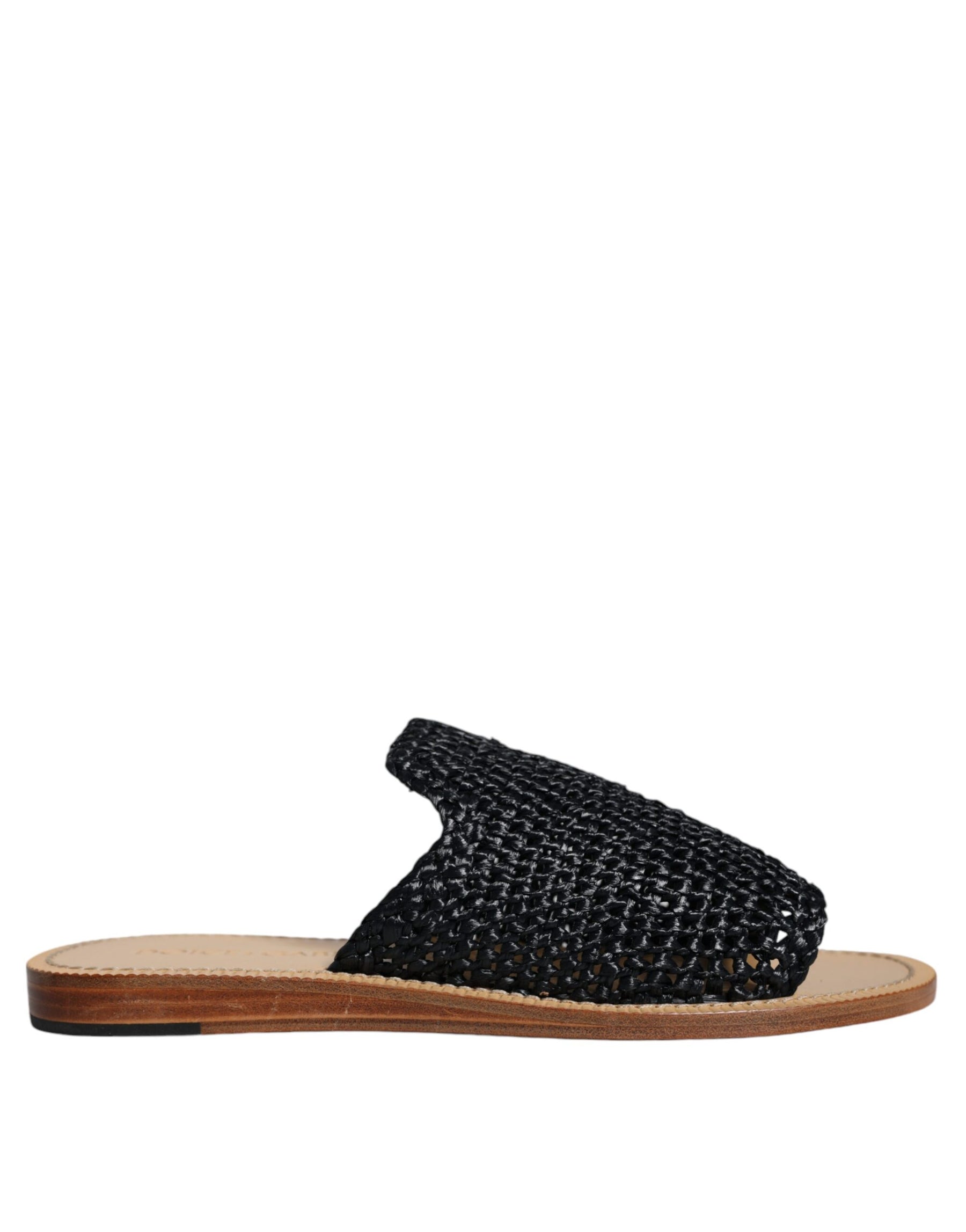 Dolce & Gabbana Black Monochrome Braided Raffia Slides Shoes | Regal Royce