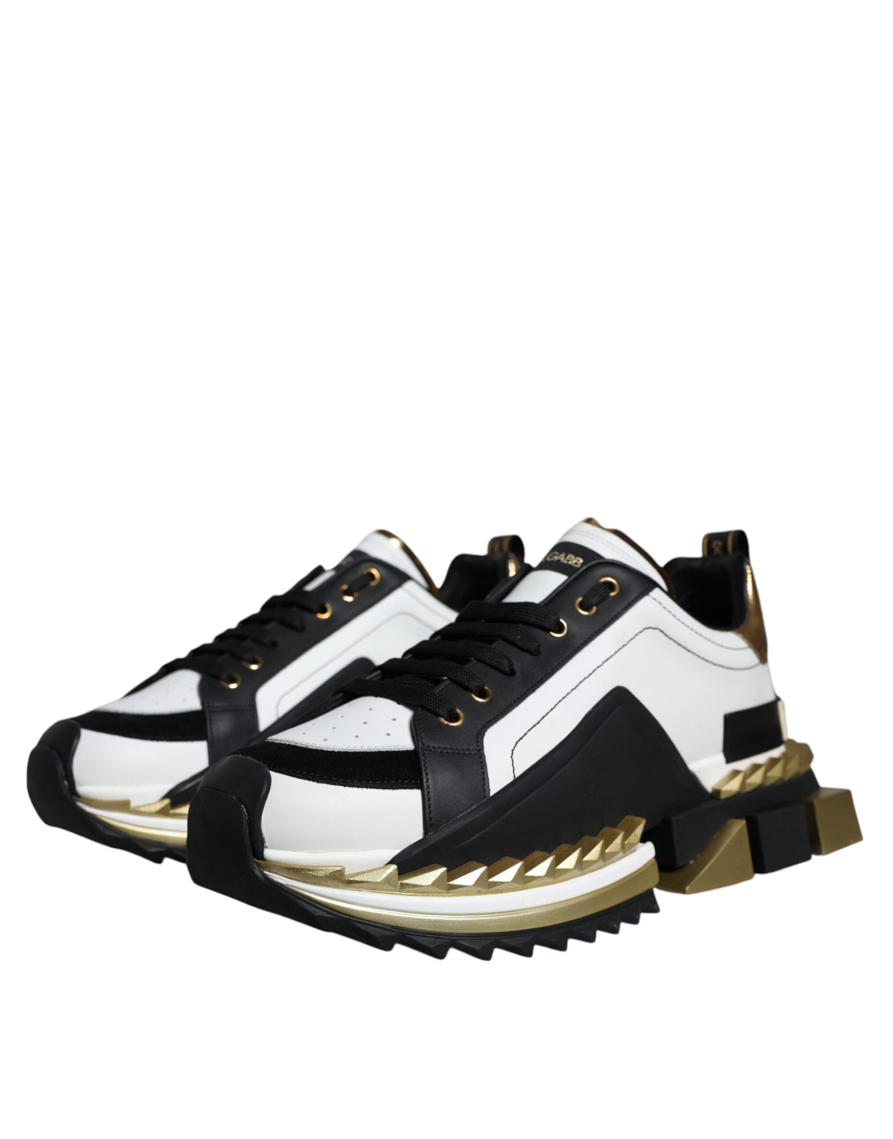 Dolce & Gabbana White Gold Black Leather SUPER KING Sneakers Shoes | Regal Royce
