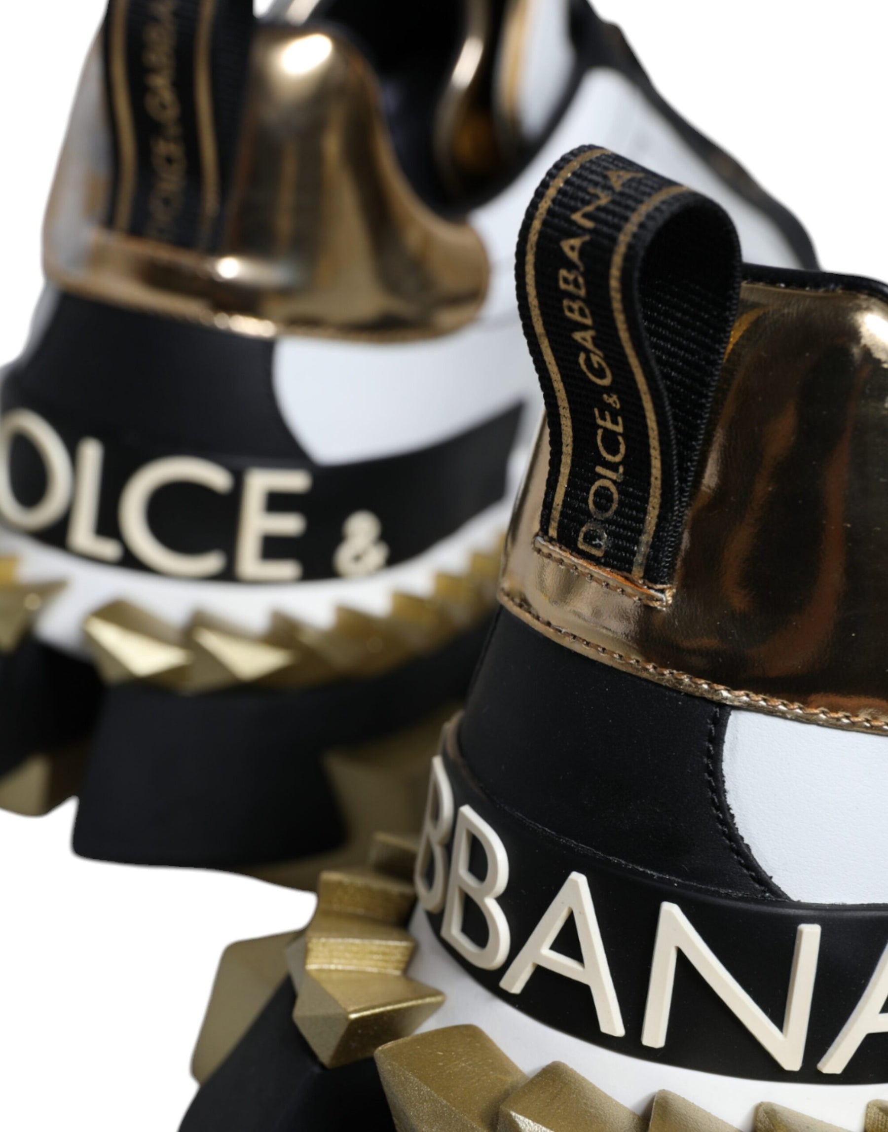 Dolce & Gabbana White Gold Black Leather SUPER KING Sneakers Shoes | Regal Royce