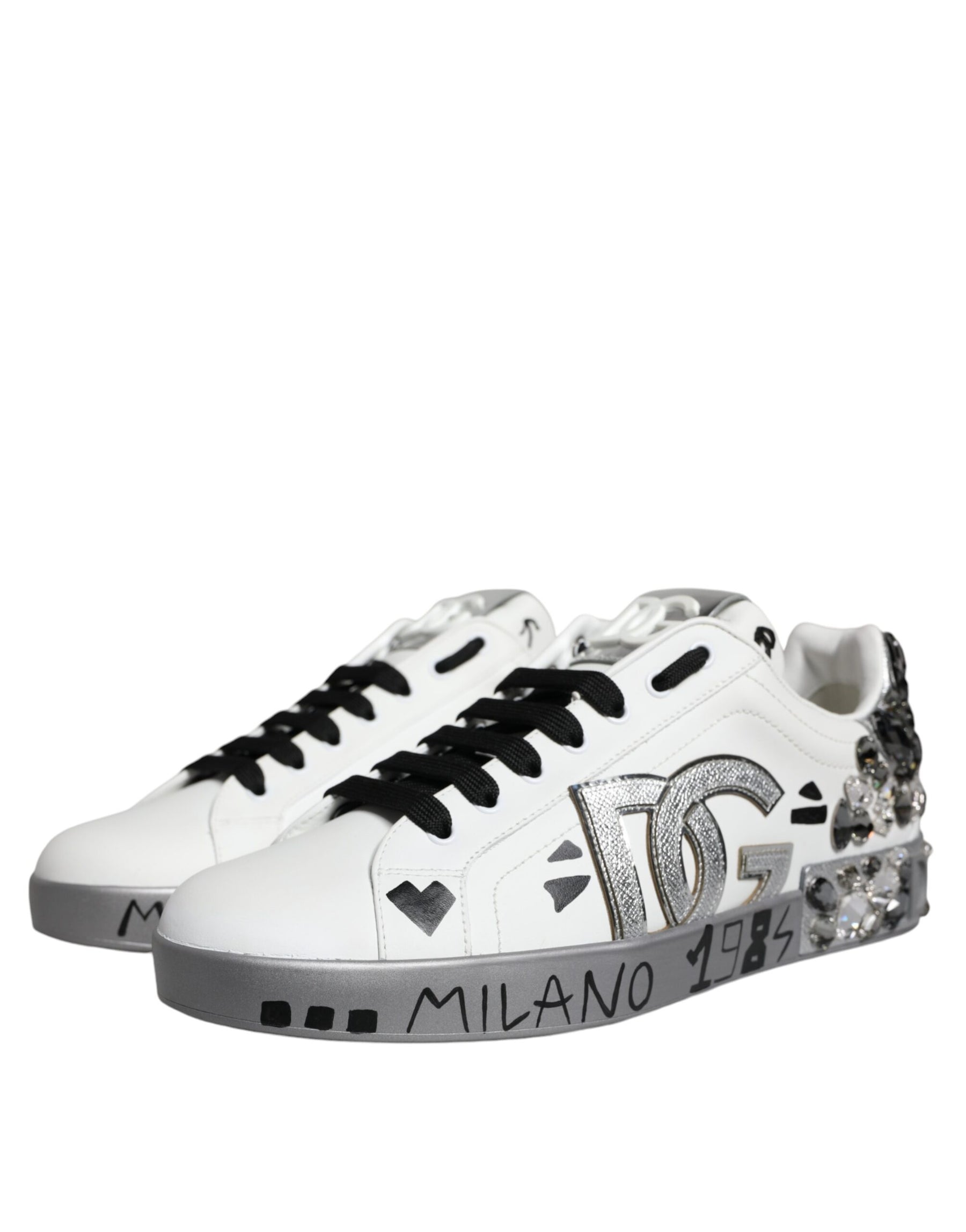 Dolce & Gabbana White Silver Crystal Logo Portofino Sneakers Shoes | Regal Royce