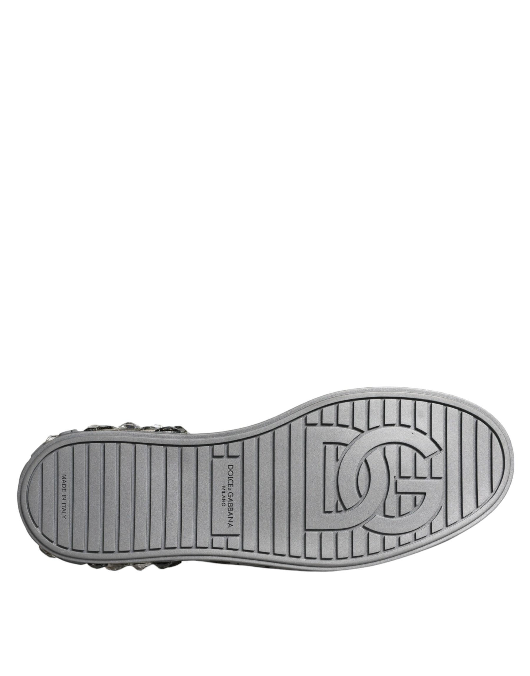 Dolce & Gabbana White Silver Crystal Logo Portofino Sneakers Shoes | Regal Royce