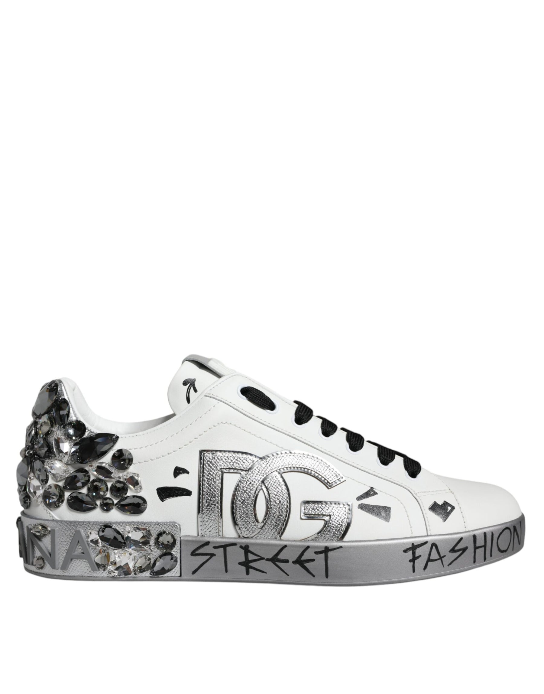 Dolce & Gabbana White Silver Crystal Logo Portofino Sneakers Shoes | Regal Royce