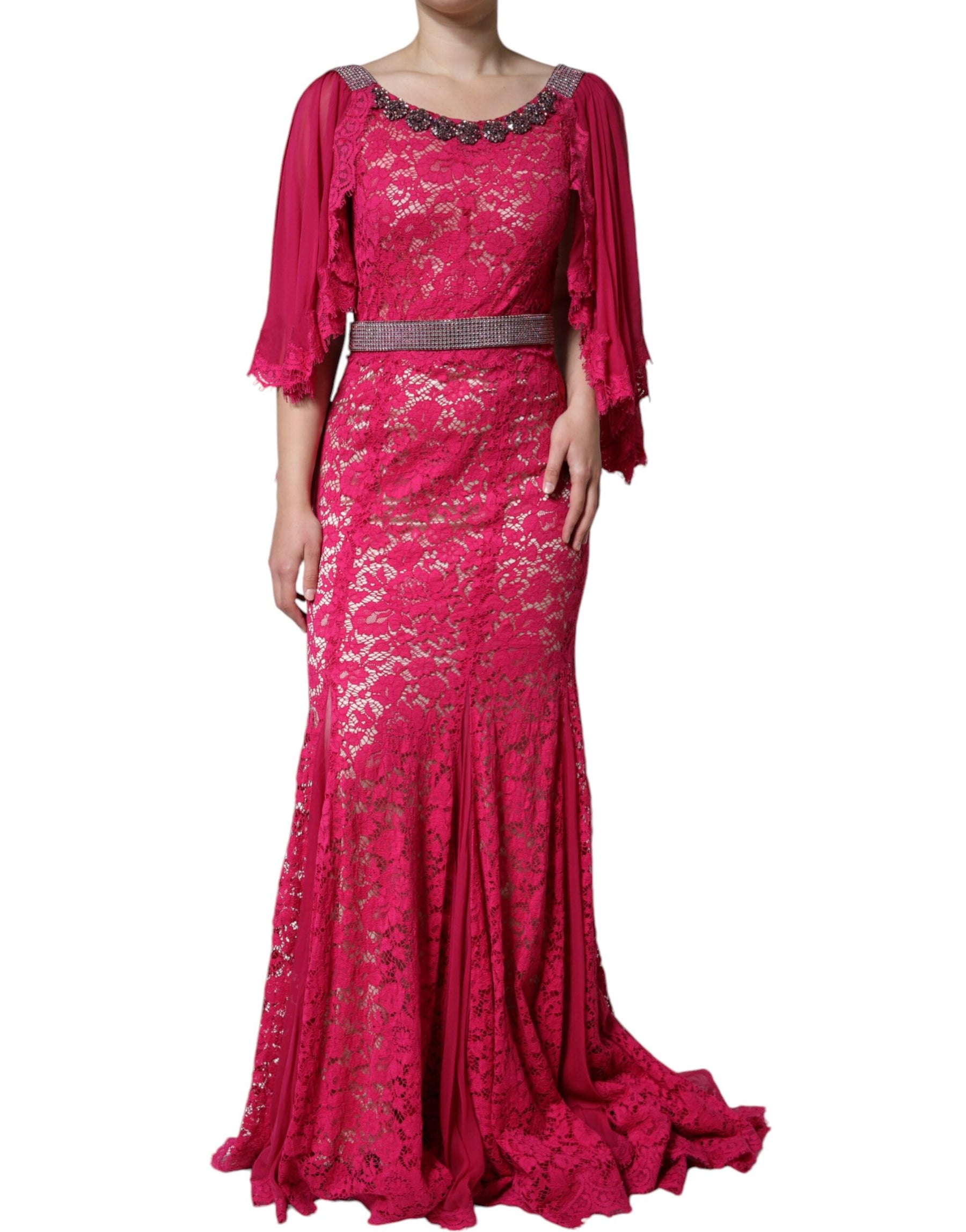 Dolce & Gabbana Pink Lace Crystal Sheath Long Gown Dress | Regal Royce