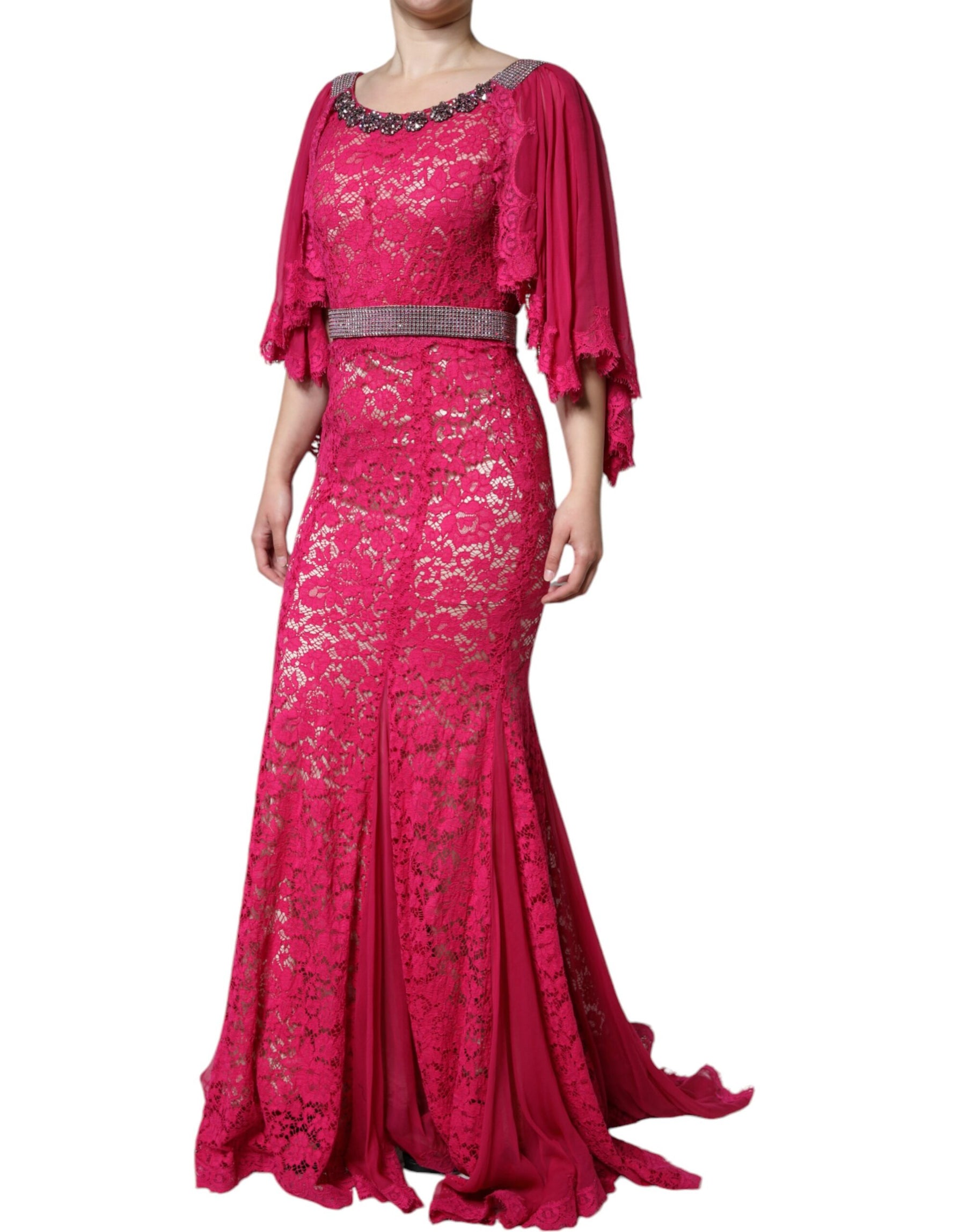Dolce & Gabbana Pink Lace Crystal Sheath Long Gown Dress | Regal Royce