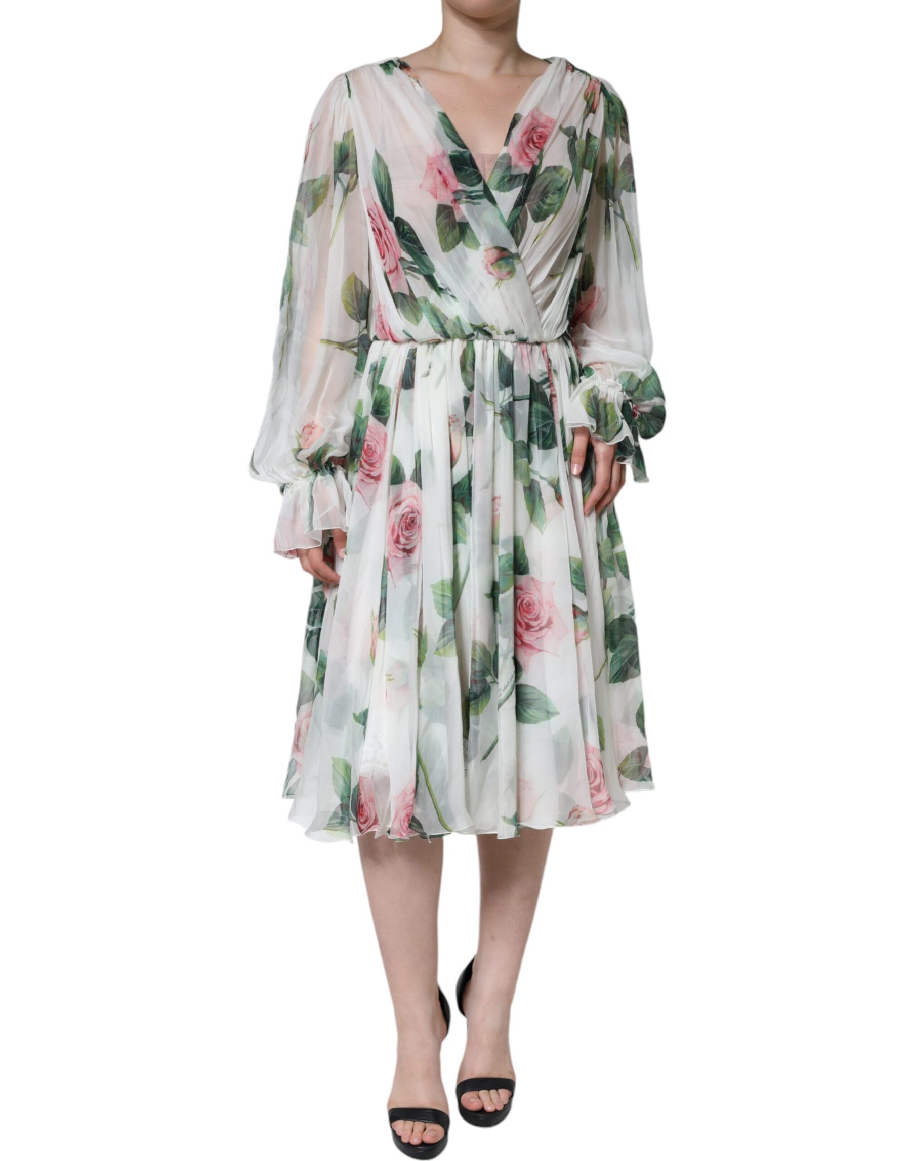 Dolce & Gabbana White Silk Floral Print A-line Midi Dress | Regal Royce