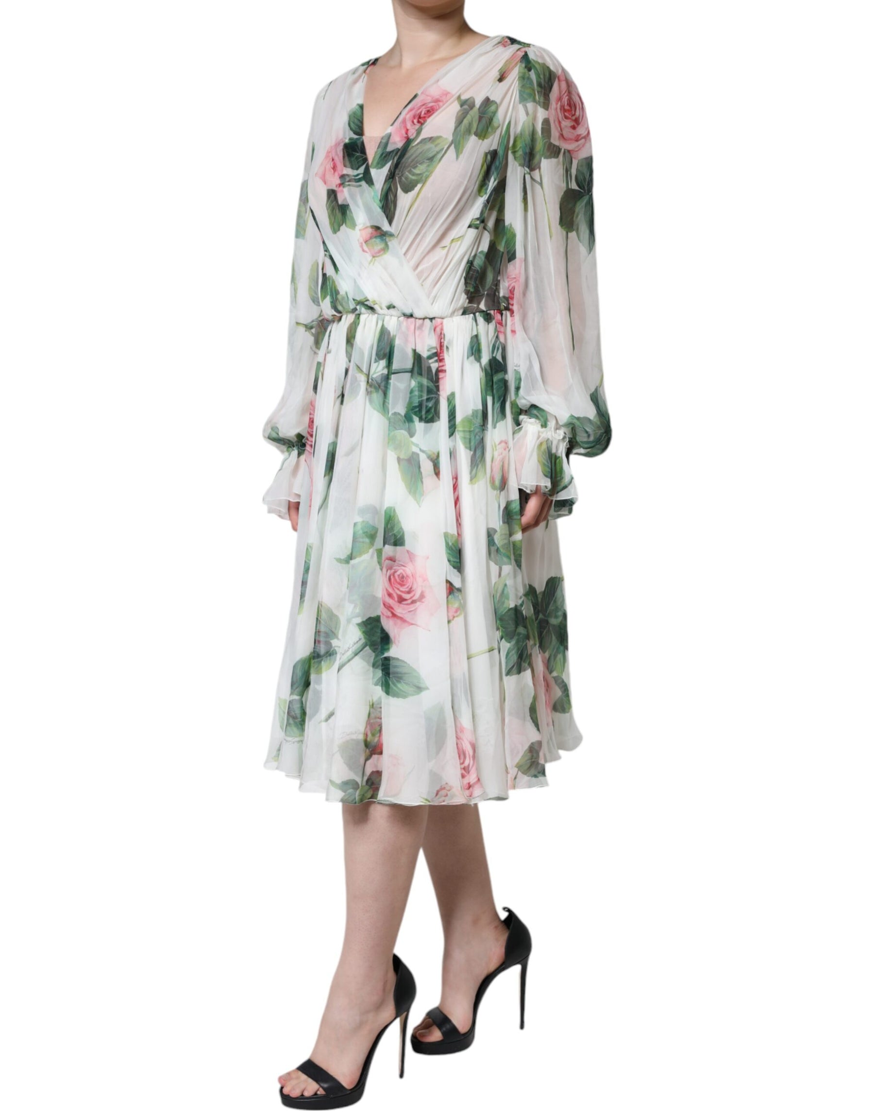 Dolce & Gabbana White Silk Floral Print A-line Midi Dress | Regal Royce