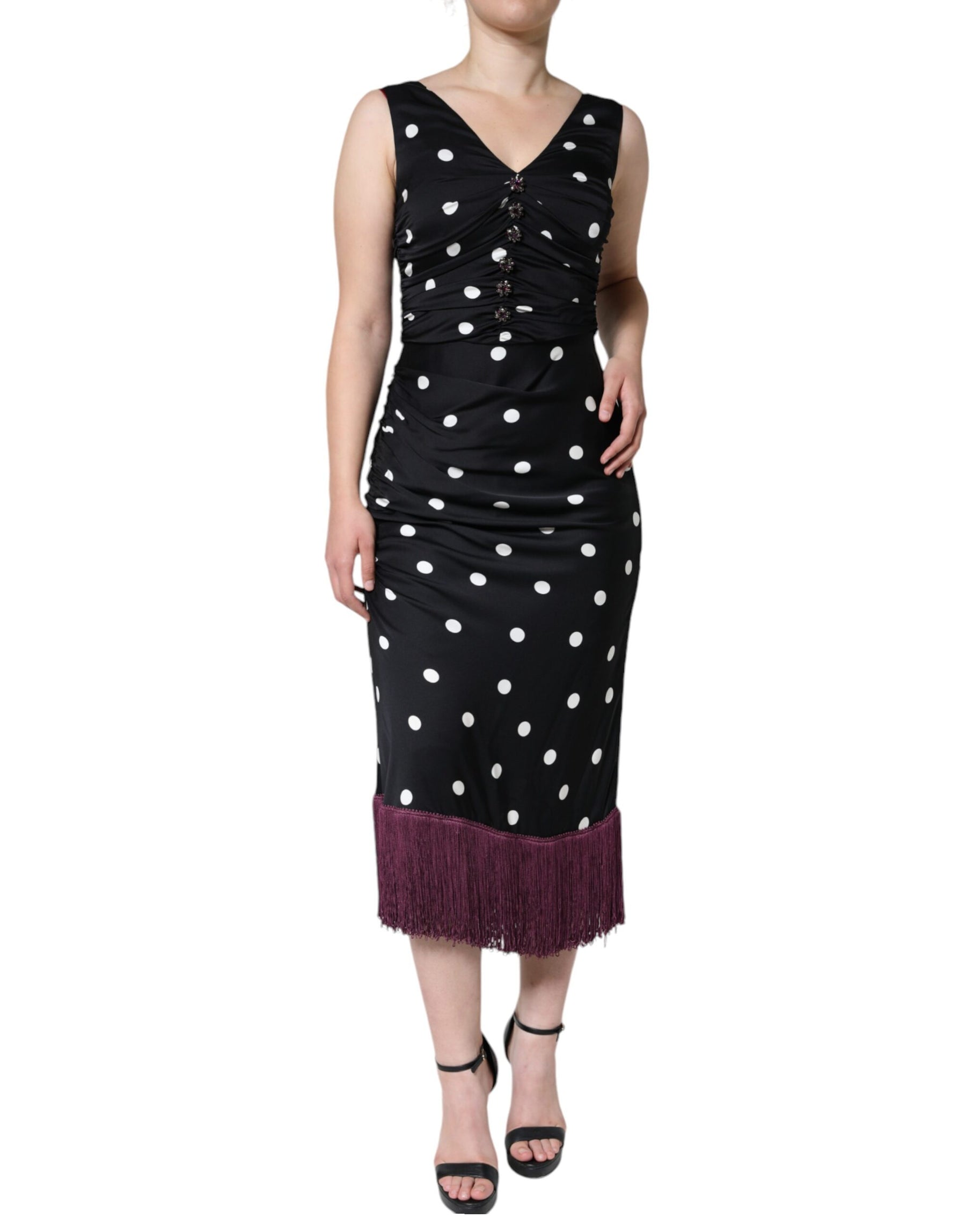 Dolce & Gabbana Black Silk Polka Dot Vneck Tassel Midi Dress | Regal Royce