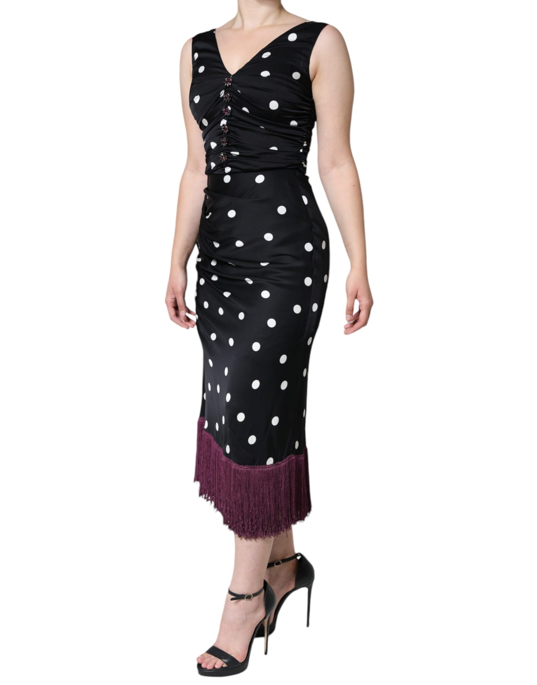 Dolce & Gabbana Black Silk Polka Dot Vneck Tassel Midi Dress | Regal Royce