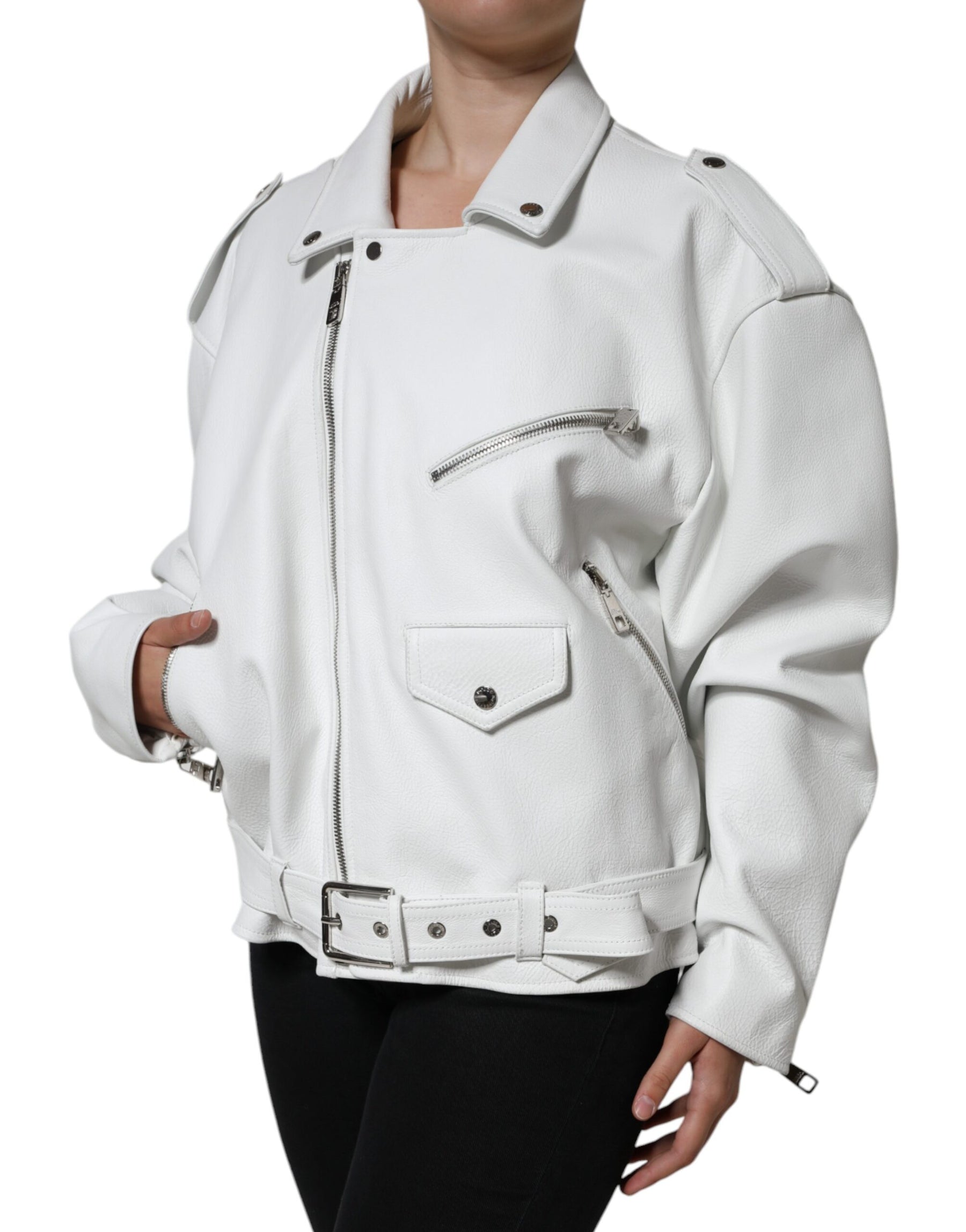Dolce & Gabbana White Lambskin Leather Biker Coat Jacket | Regal Royce
