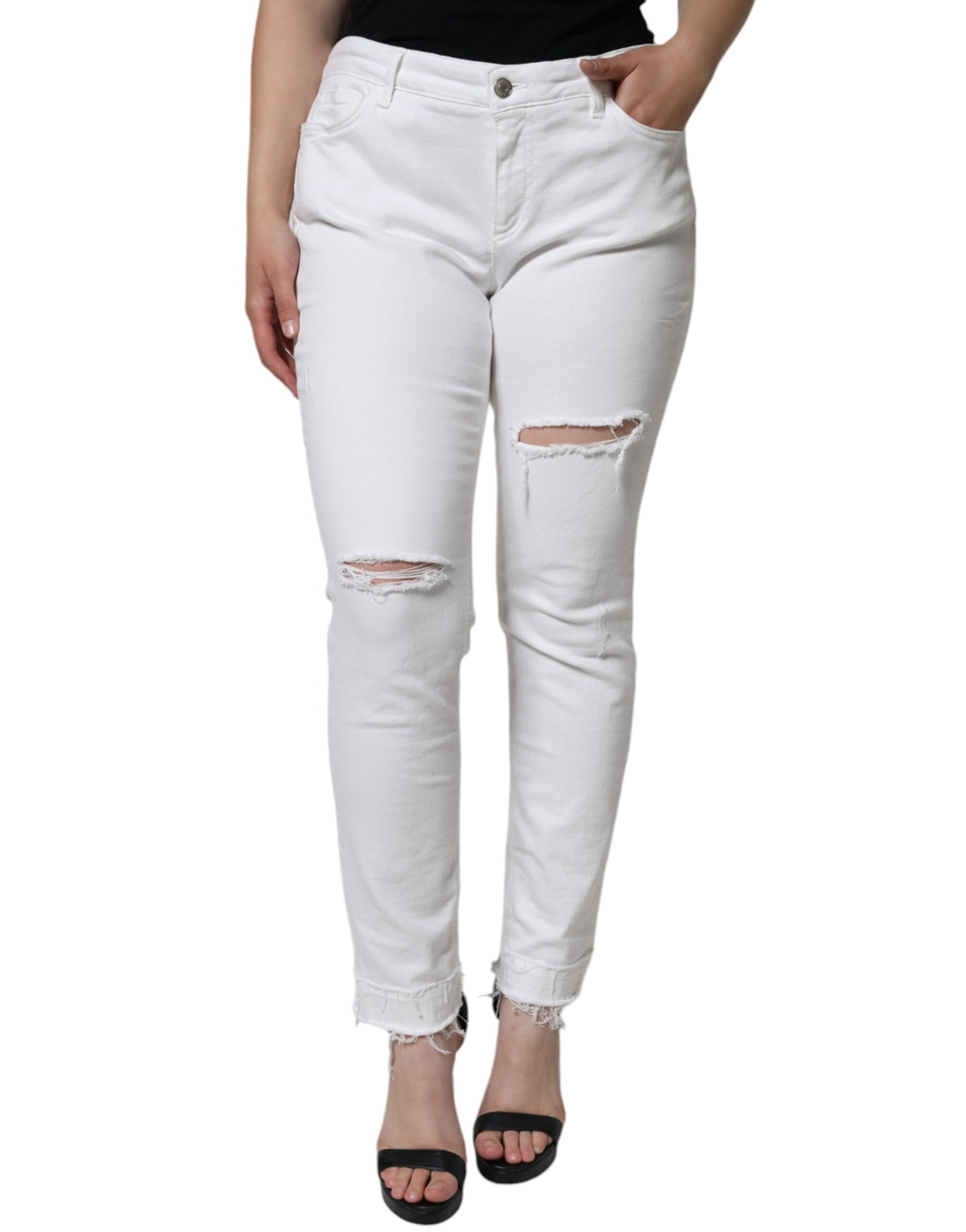 Dolce & Gabbana White Cotton Stretch Tattered Skinny Jeans | Regal Royce