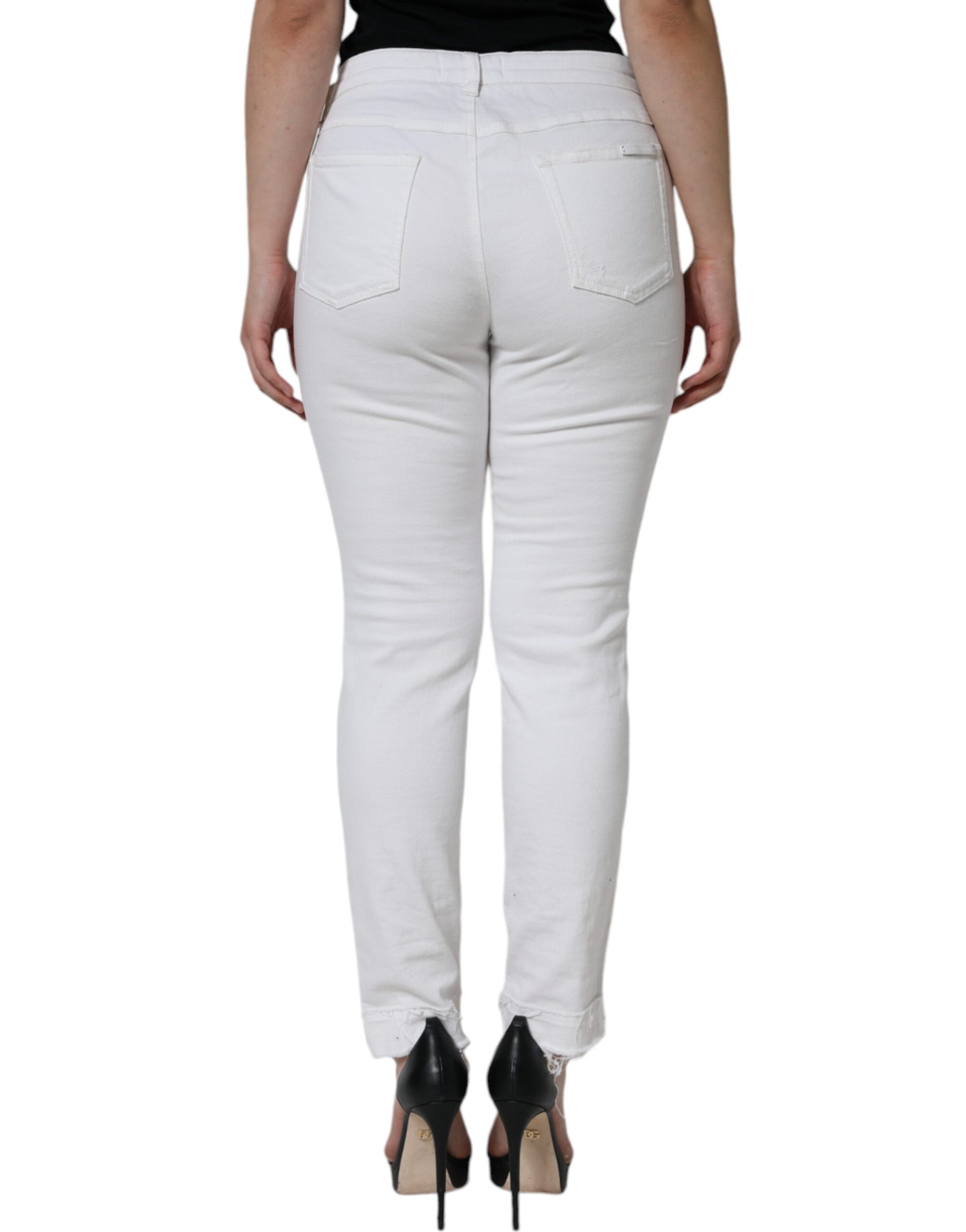 Dolce & Gabbana White Cotton Stretch Tattered Skinny Jeans | Regal Royce