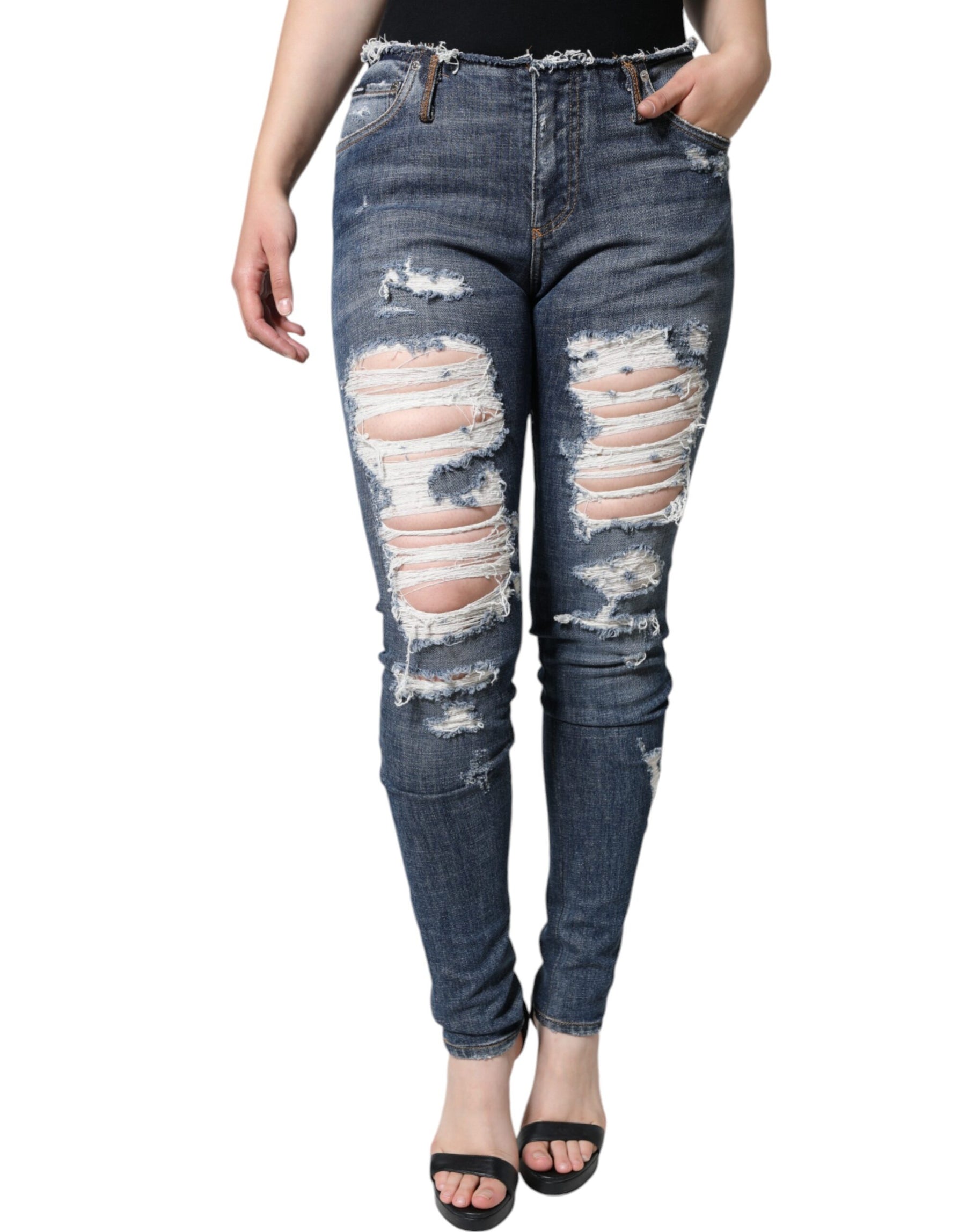 Dolce & Gabbana Blue Cotton Stretch Tattered Skinny Jeans | Regal Royce