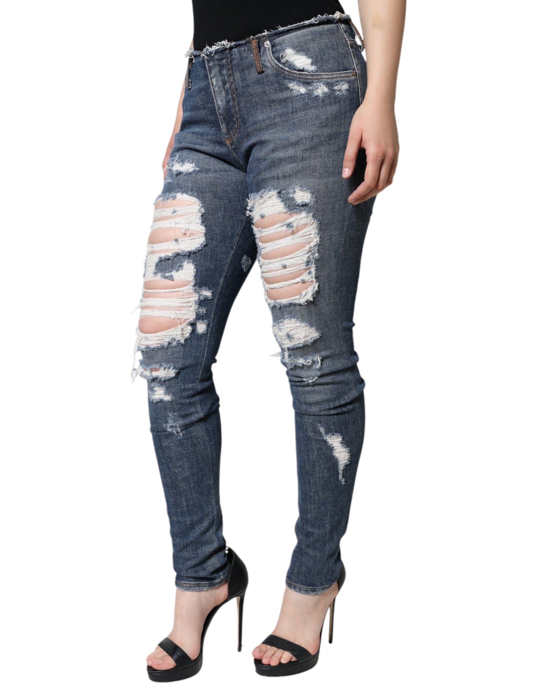 Dolce & Gabbana Blue Cotton Stretch Tattered Skinny Jeans | Regal Royce
