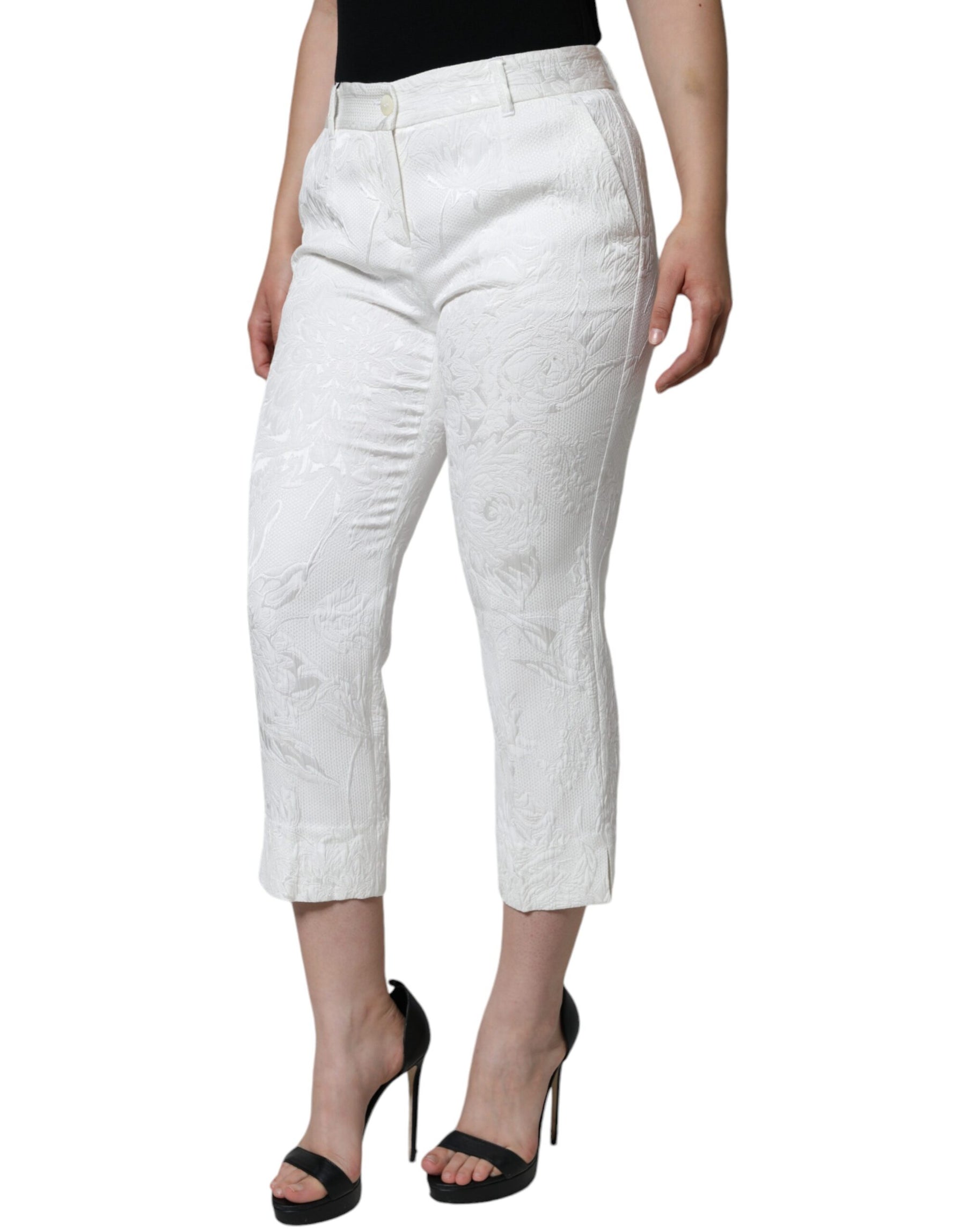 Dolce & Gabbana White Floral Brocade Cotton Cropped Pants | Regal Royce